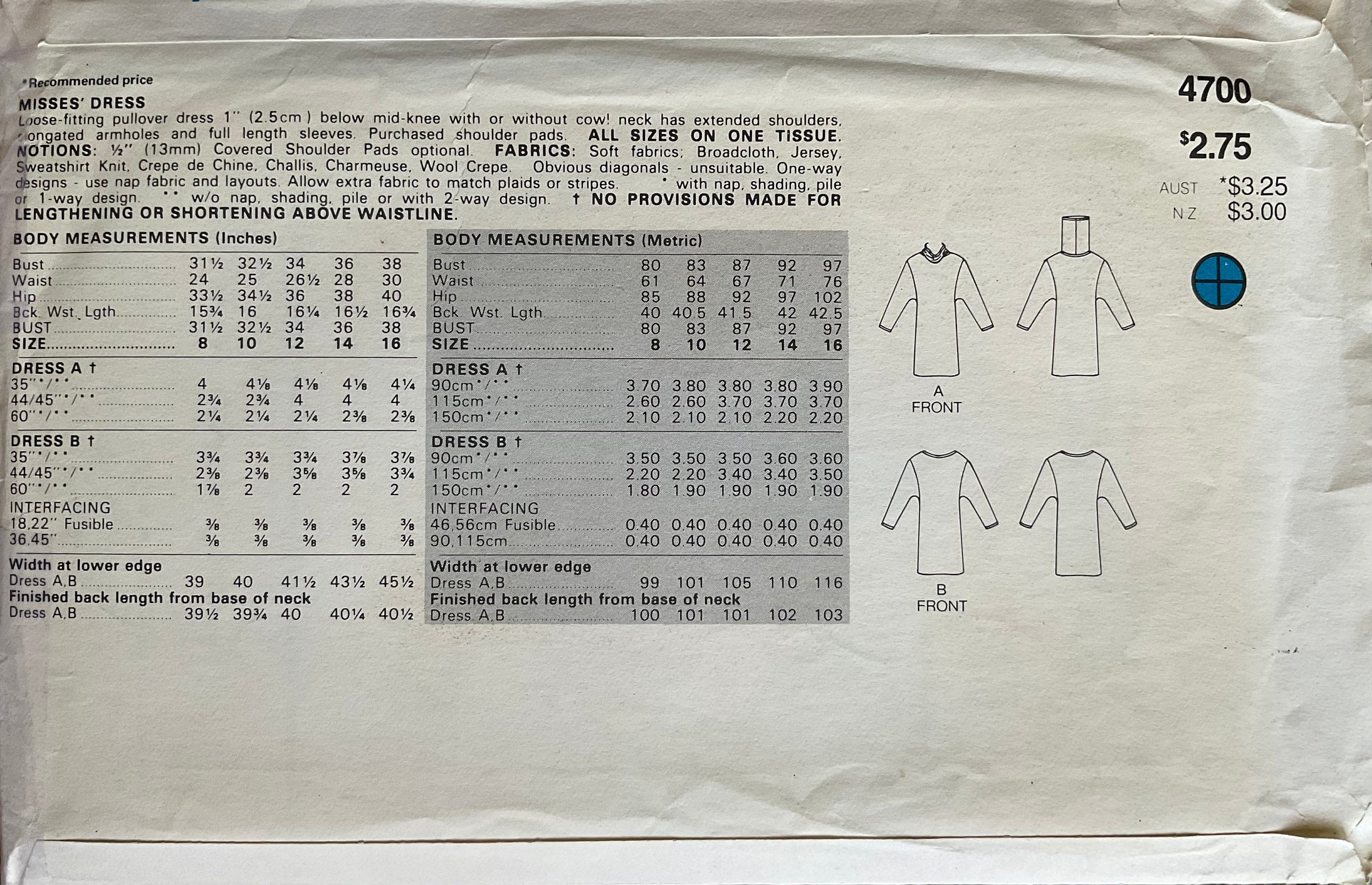 Butterick 4700 Sewing Pattern (Vintage) CUT