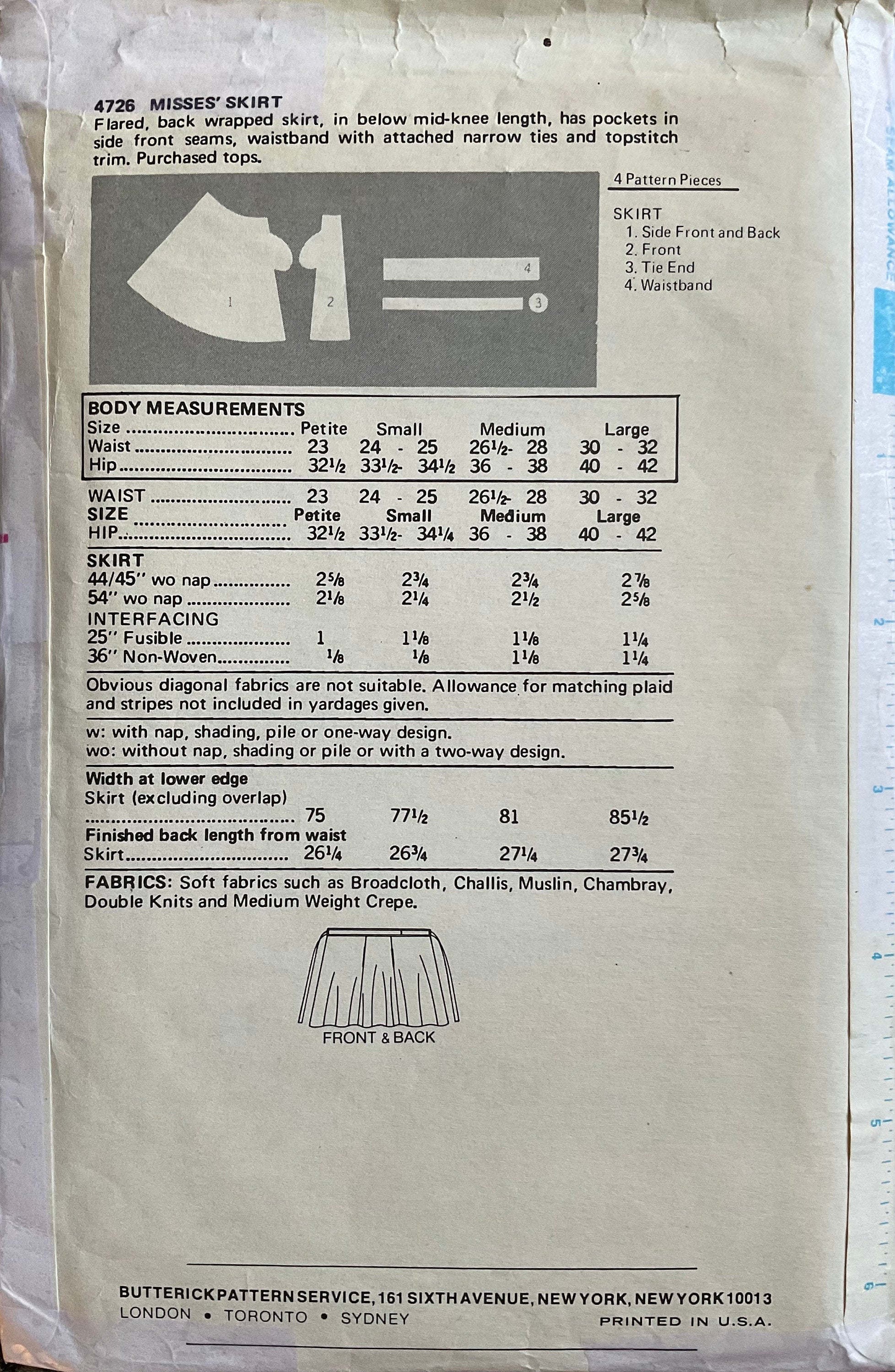 Butterick 4726 Sewing Pattern (Vintage) CUT