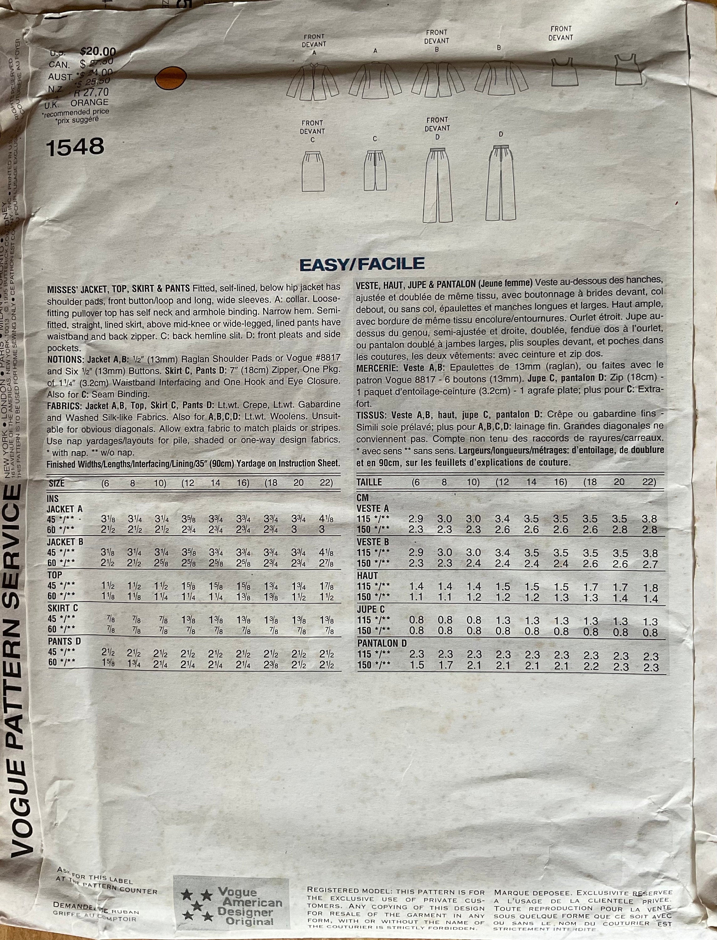 Vogue 1548 Sewing Pattern (Vintage) UNCUT