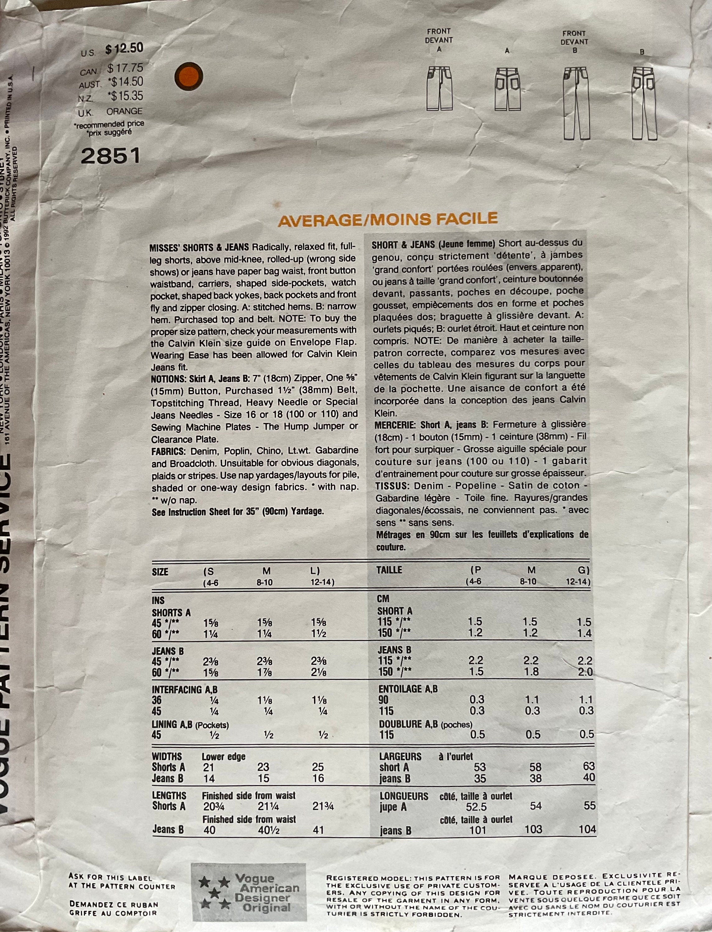 Vogue 2851 Sewing Pattern (Vintage) CUT
