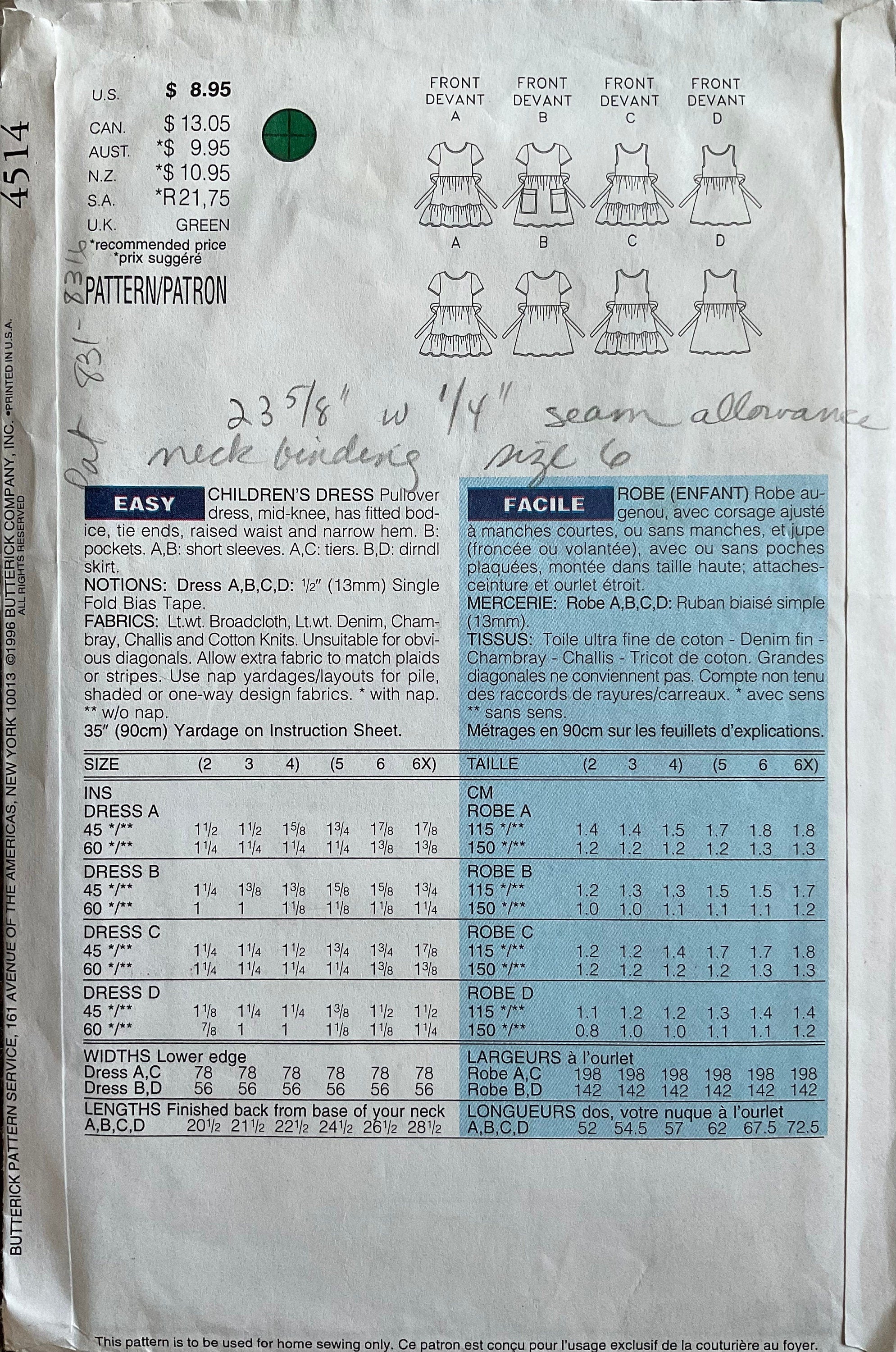 Butterick 4514 Sewing Pattern (Vintage) CUT