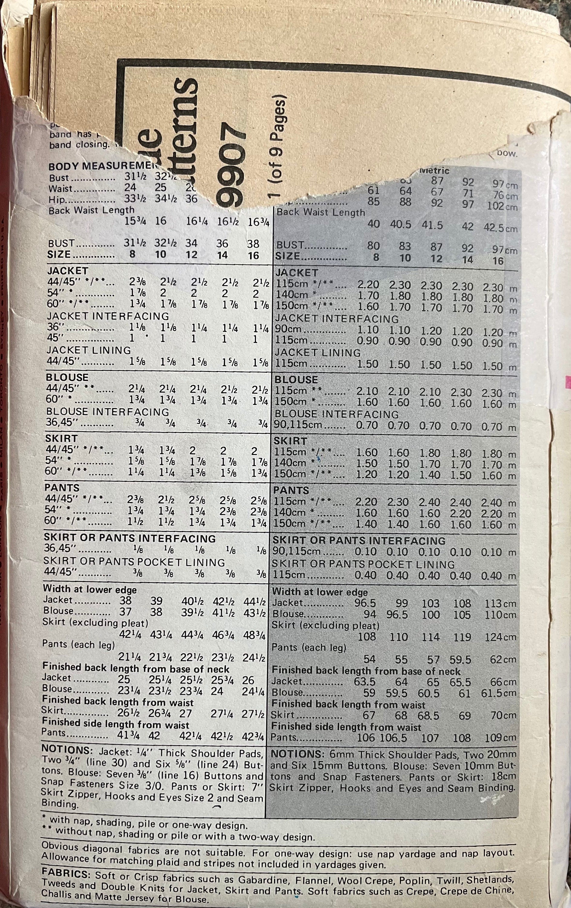 Vogue 9907 Sewing Pattern (Vintage) CUT
