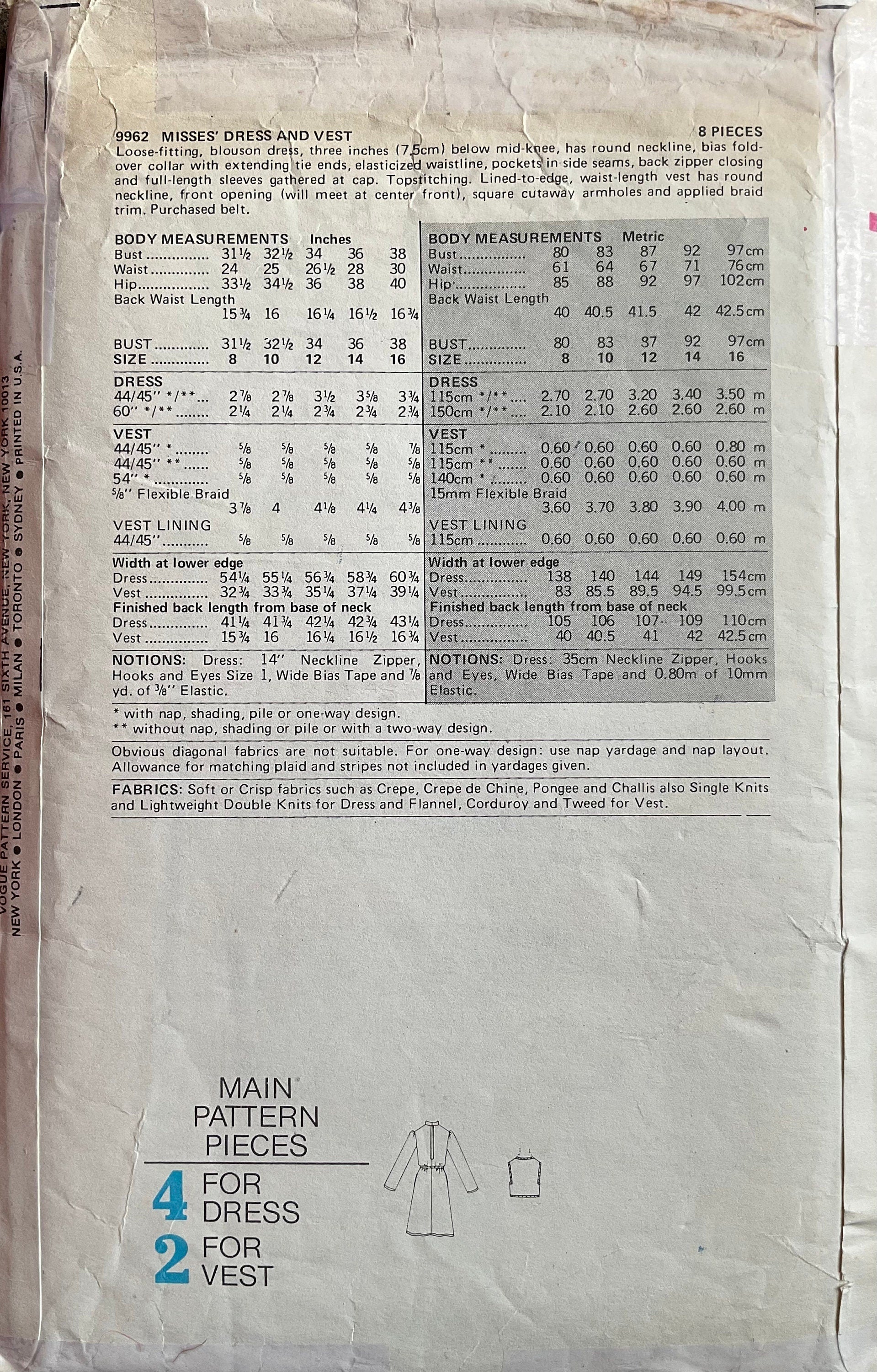 Vogue 9962 Sewing Pattern (Vintage) CUT
