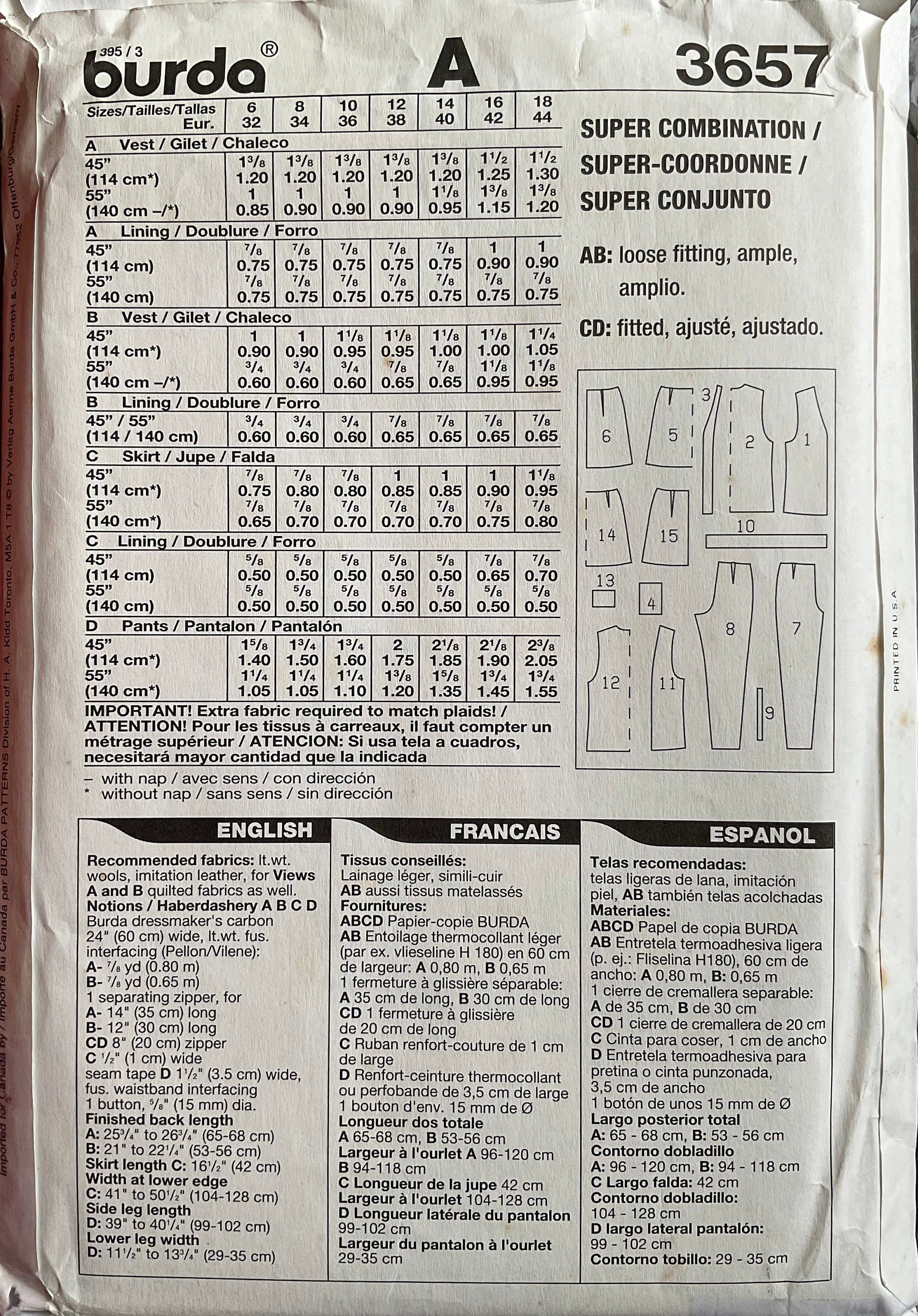 Burda 3657 Sewing Pattern (Vintage) UNCUT