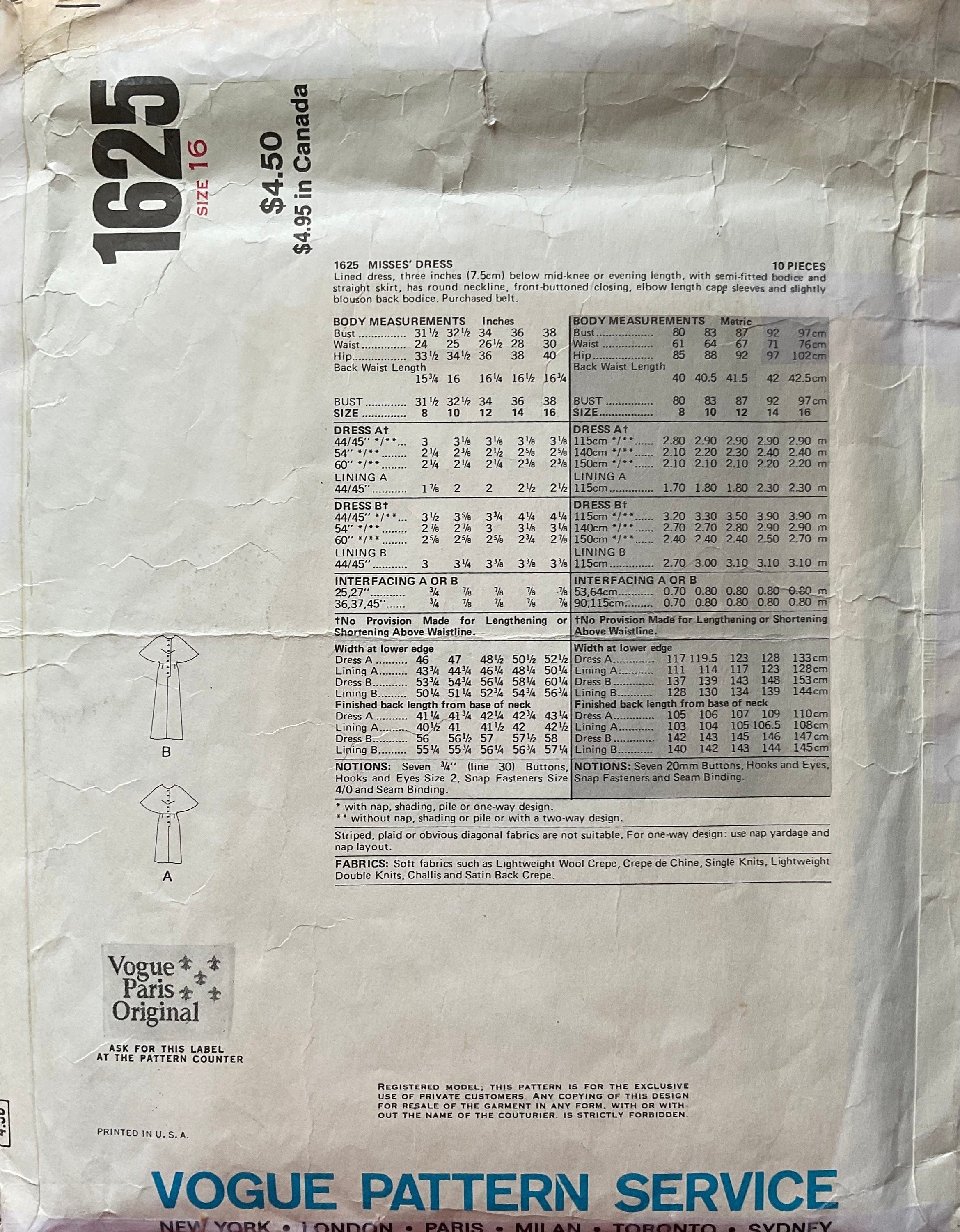 Vogue 1625 Sewing Pattern (Vintage) CUT