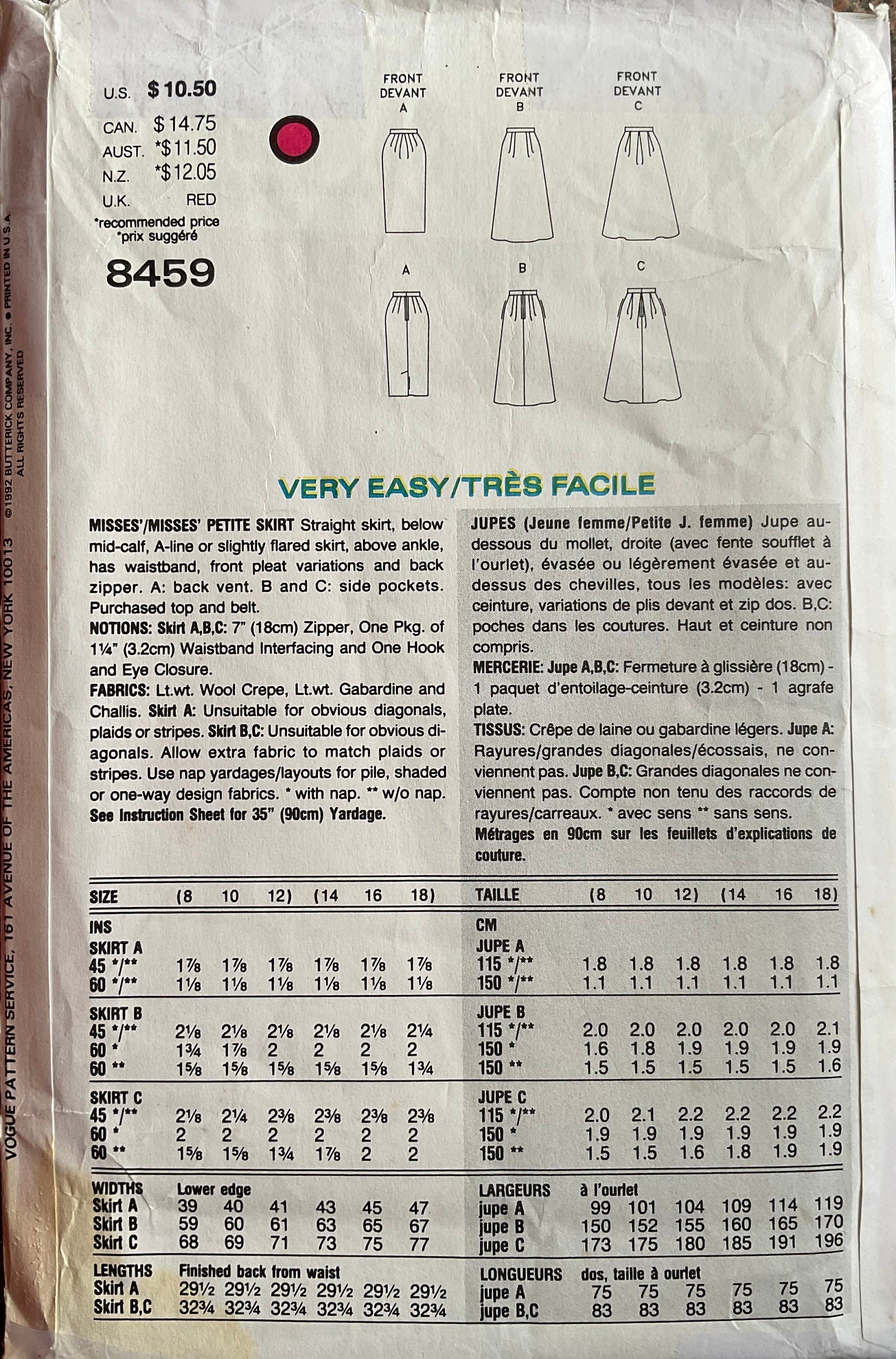 Vogue 8459 Sewing Pattern (Vintage) UNCUT