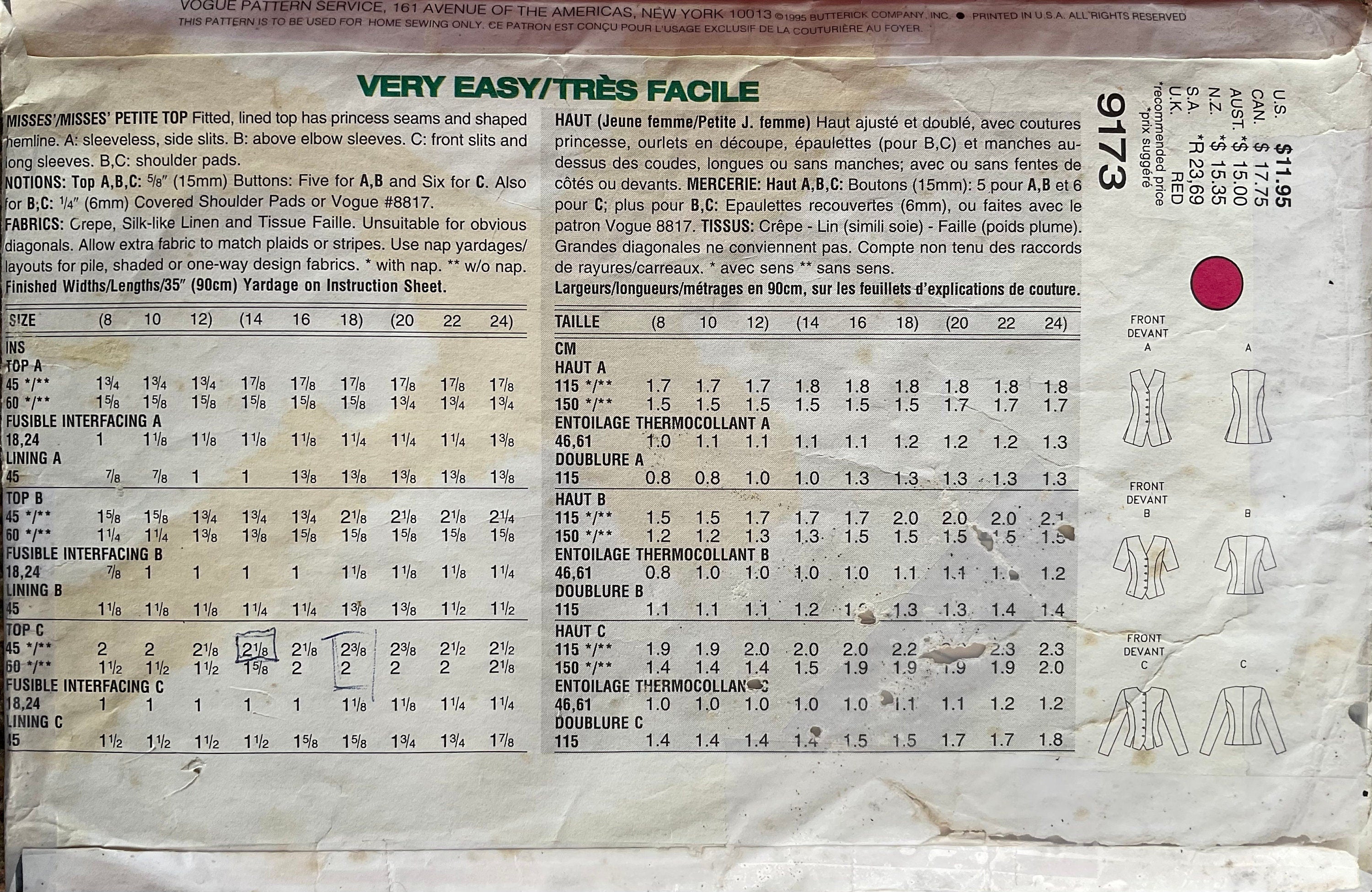 Vogue 9173 Sewing Pattern (Vintage) CUT