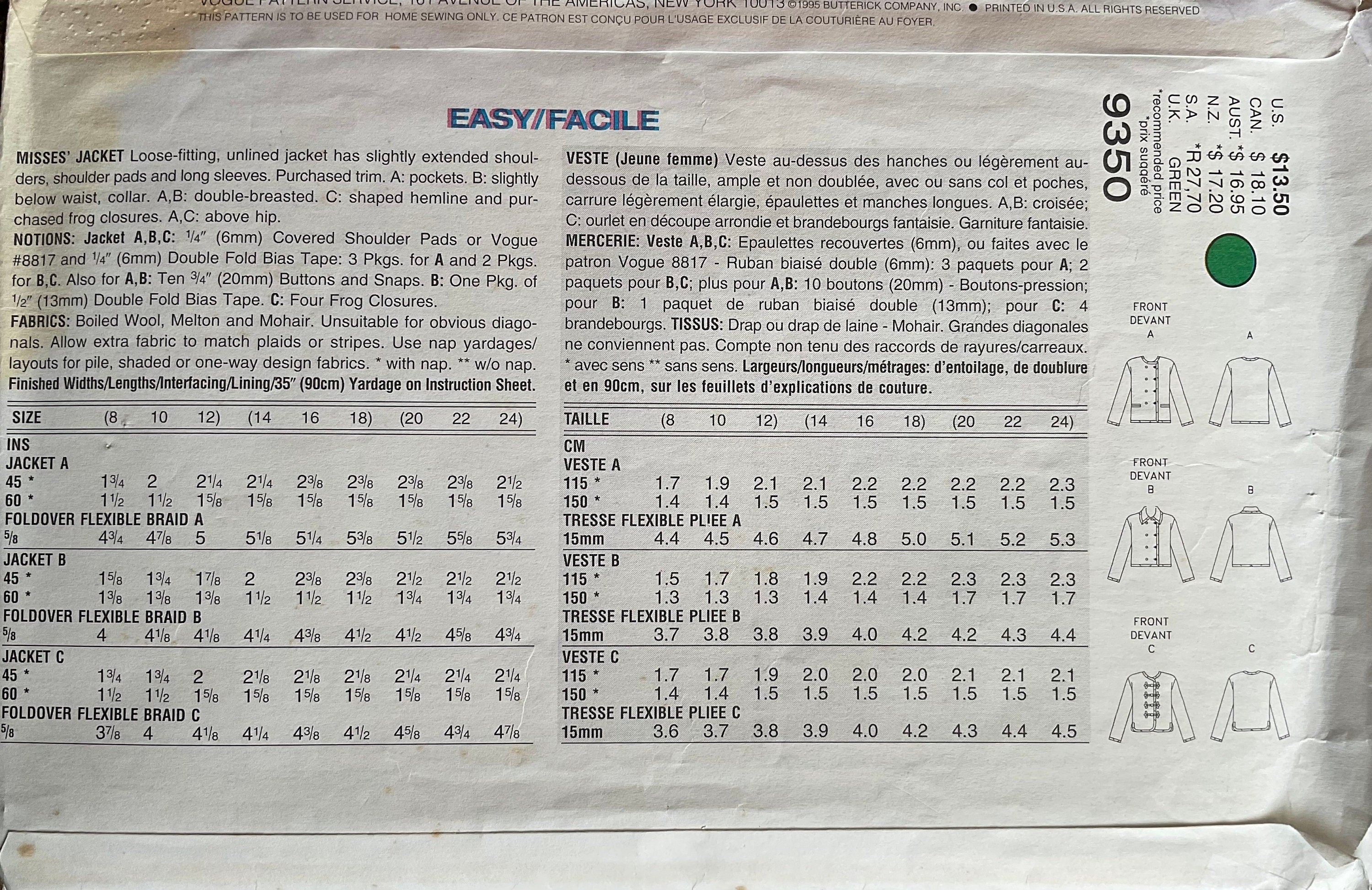 Vogue 9350 Sewing Pattern (Vintage) CUT