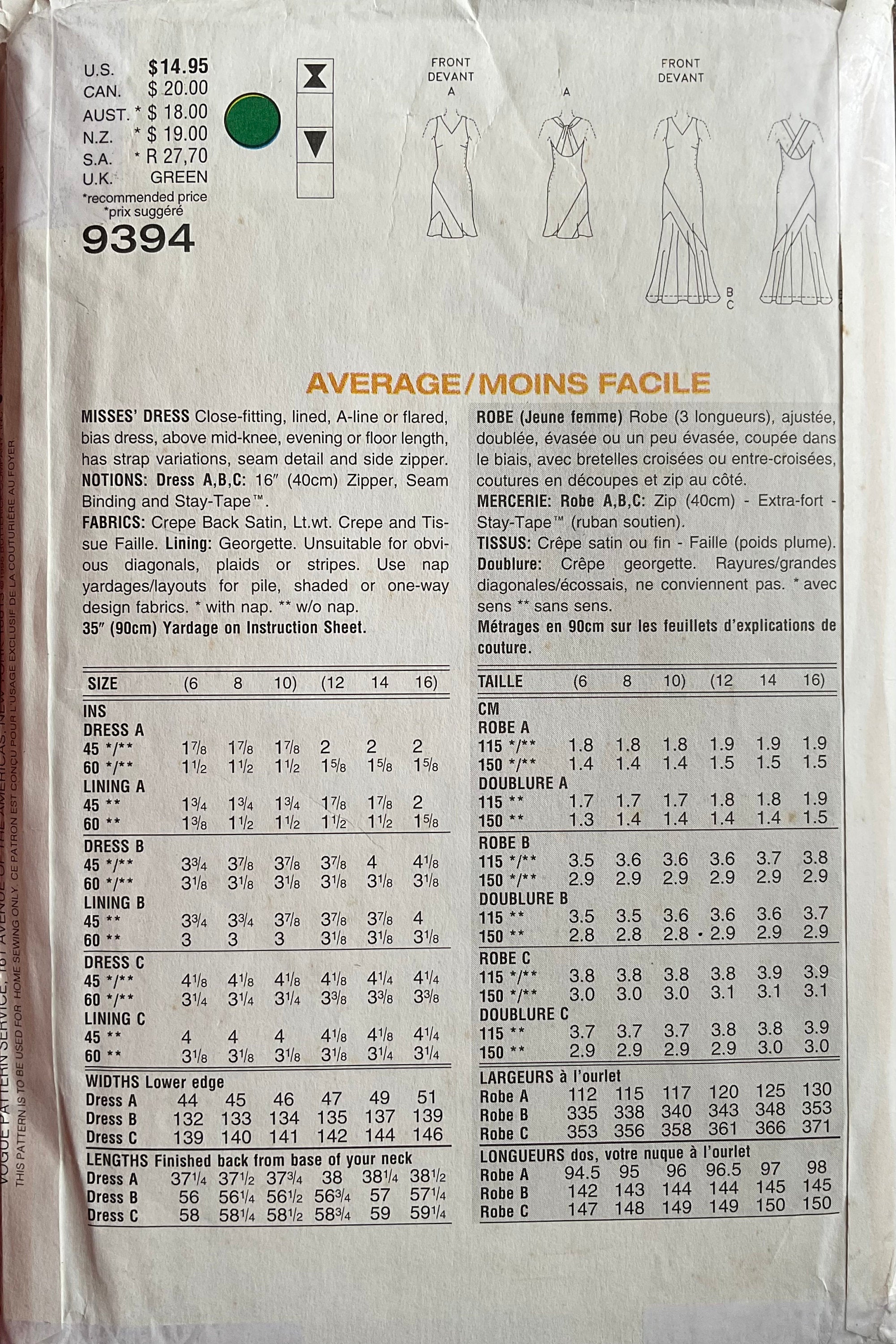 Vogue 9394 Sewing Pattern (Vintage) UNCUT