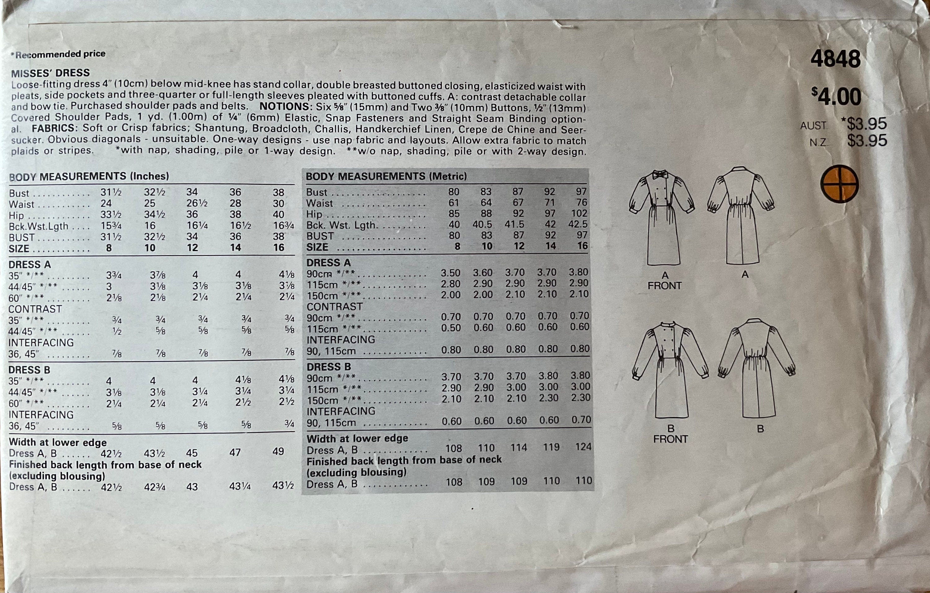 Butterick 4848 Sewing Pattern (Vintage) CUT