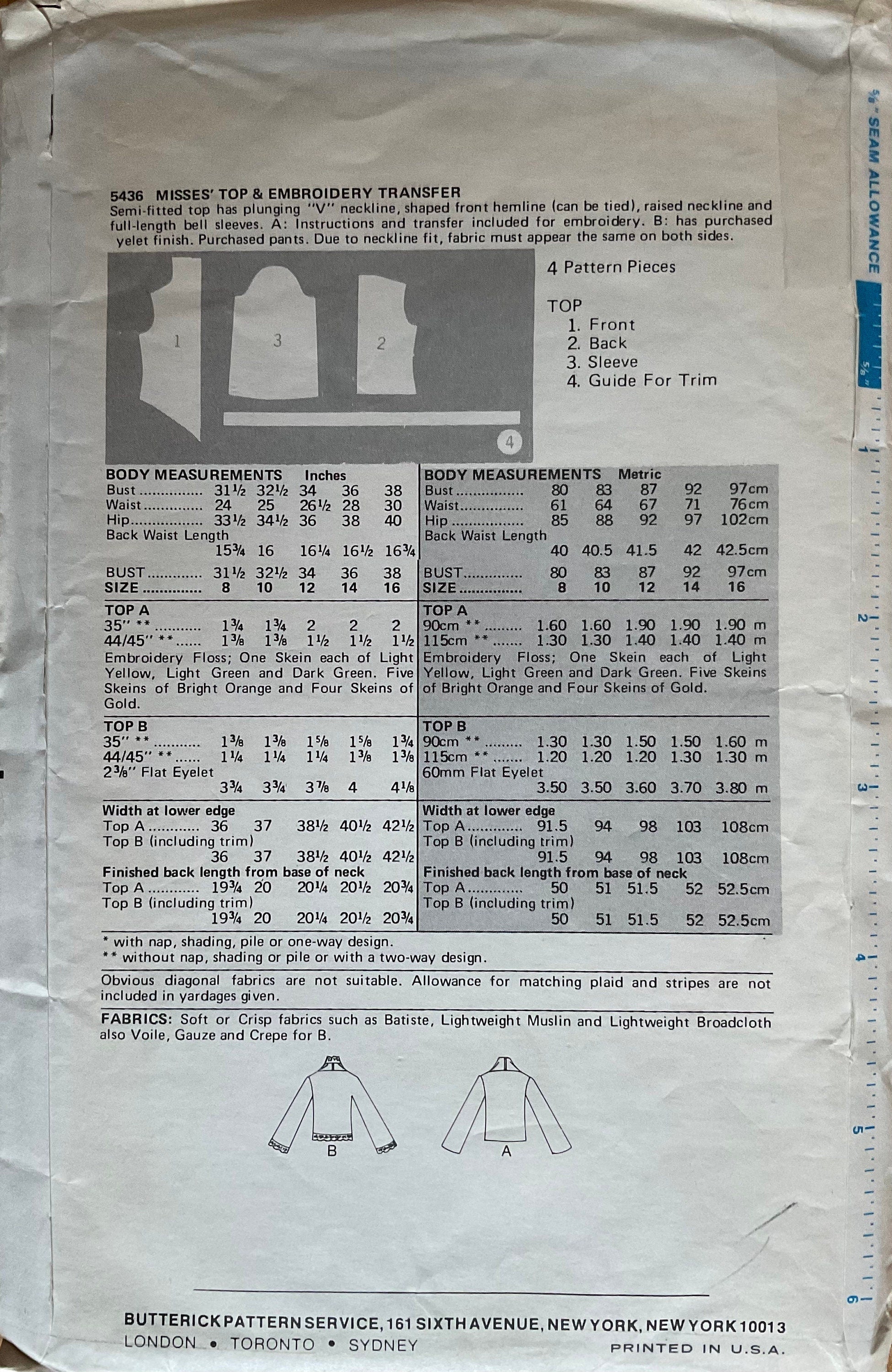 Butterick 5436 Sewing Pattern (Vintage) CUT