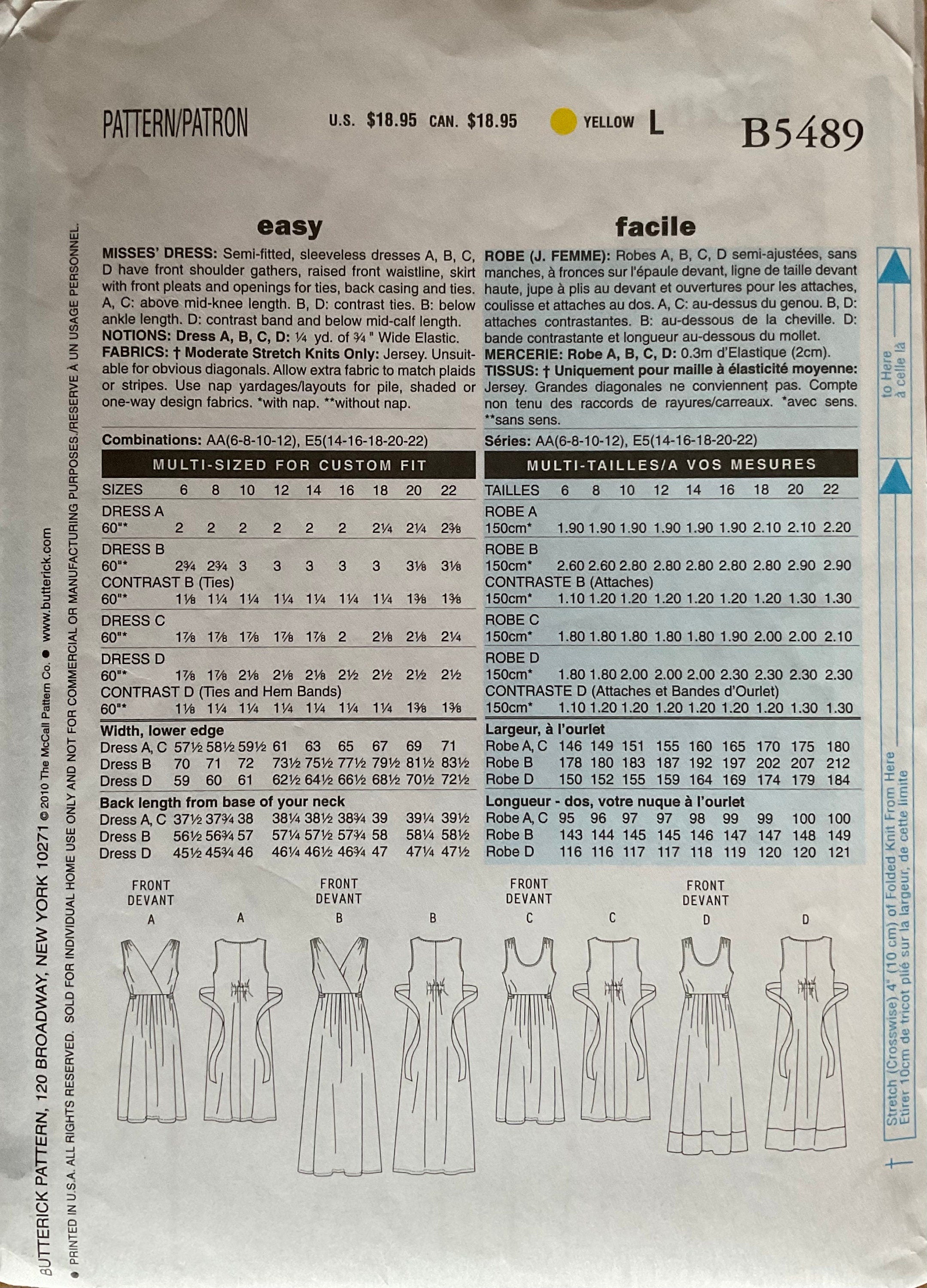 Butterick 5489 Sewing Pattern (Vintage) CUT