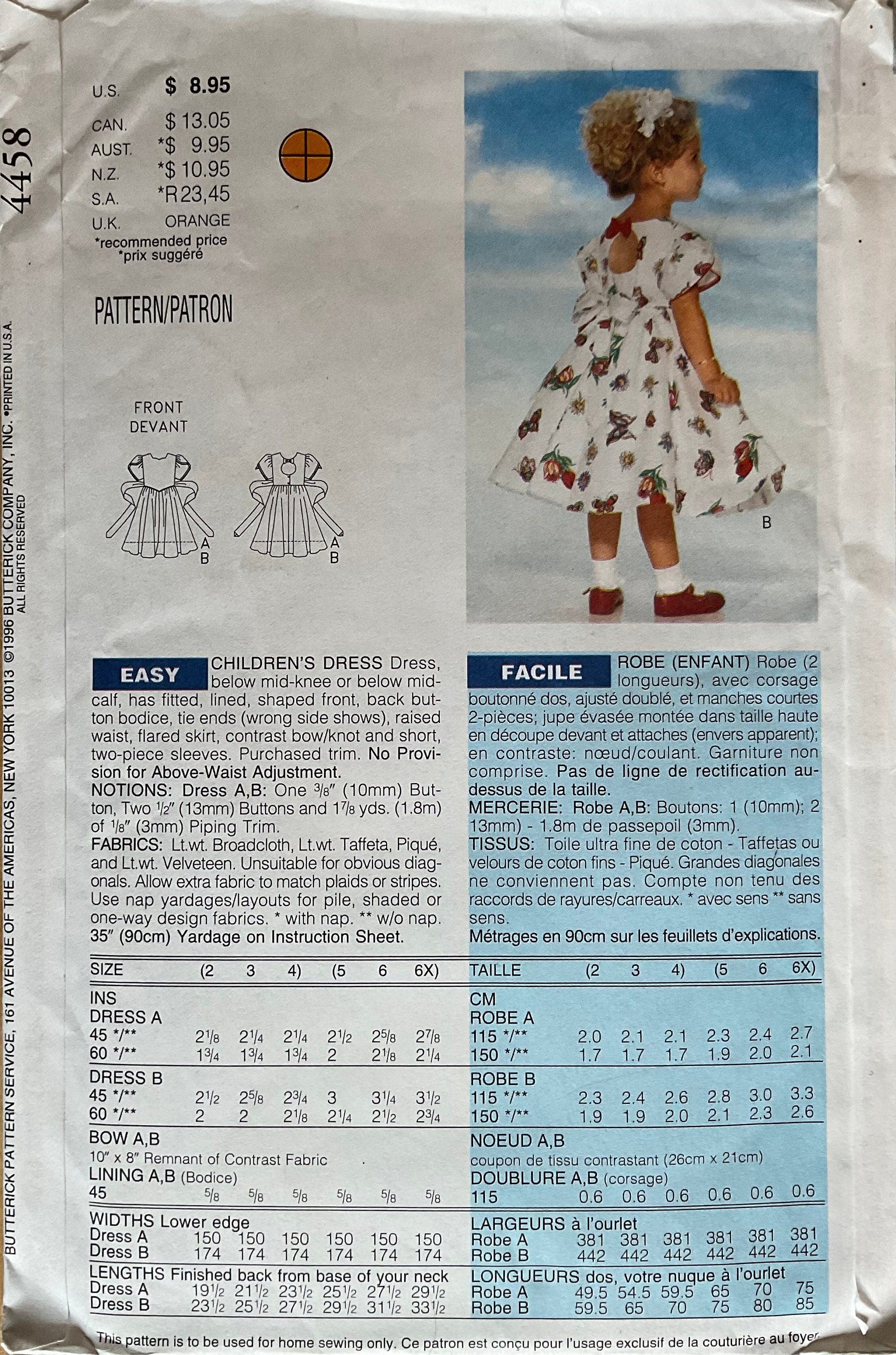 Butterick 4458 Sewing Pattern (Vintage) UNCUT