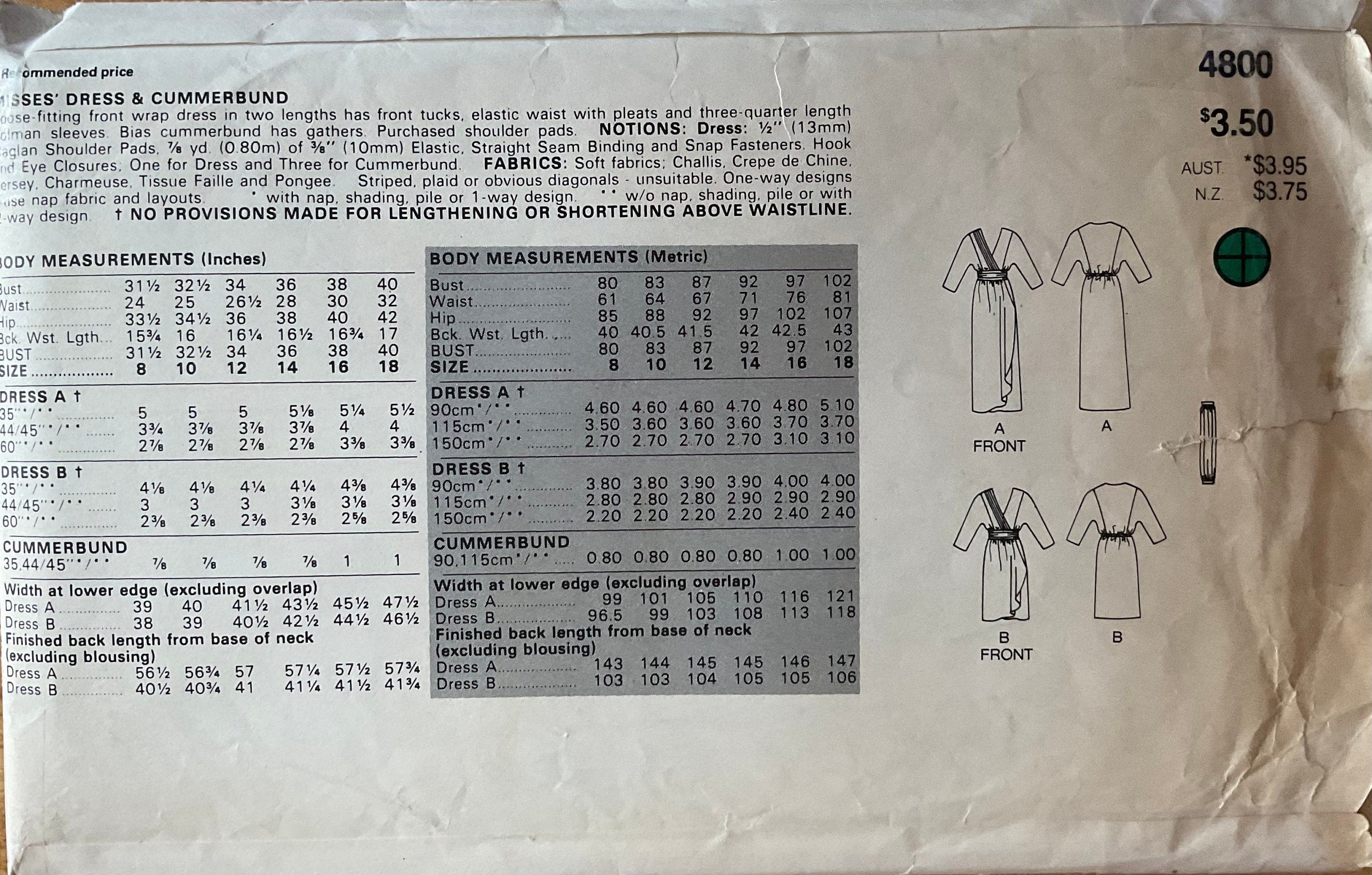 Butterick 4800 Sewing Pattern (Vintage) CUT