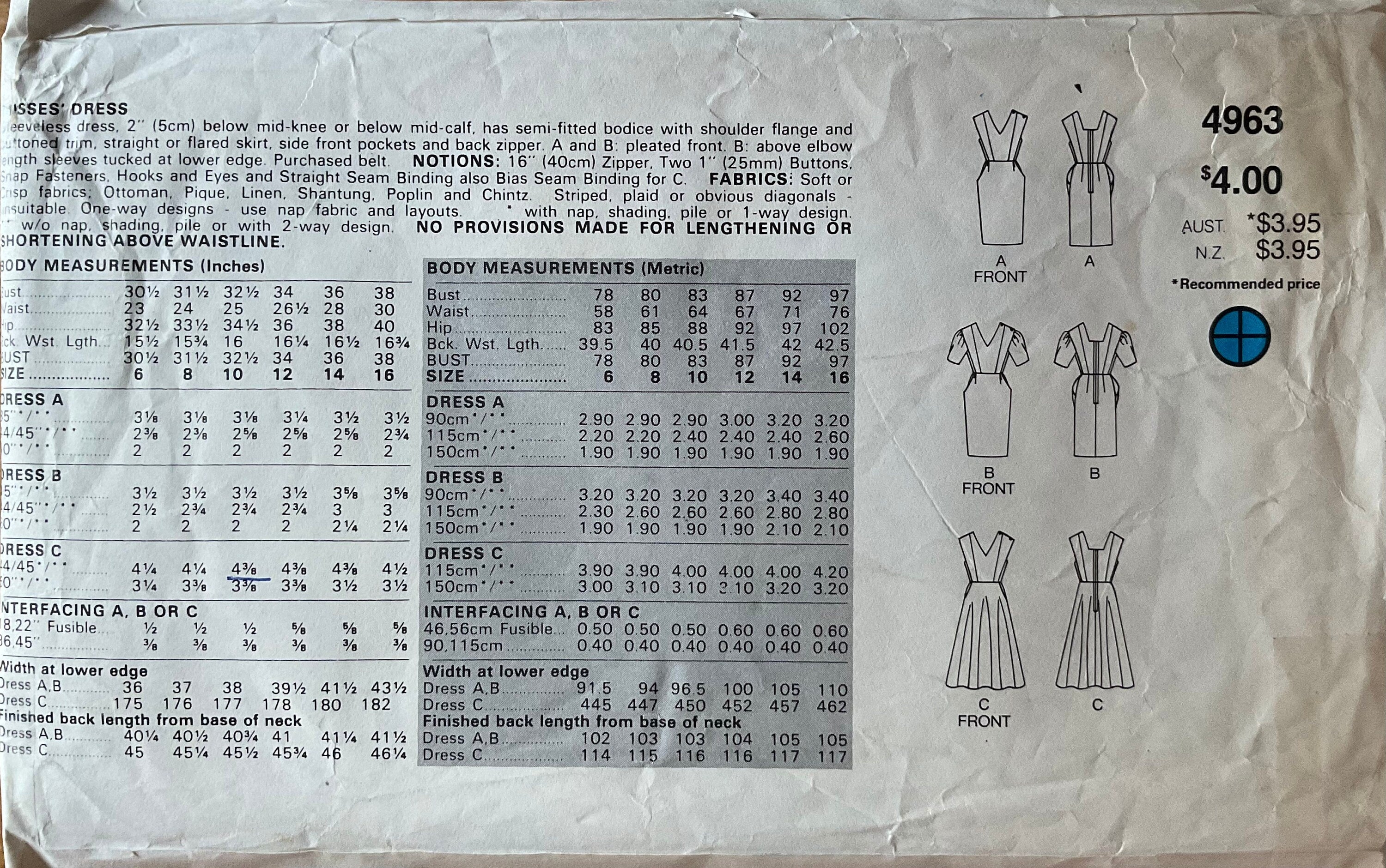 Butterick 4963 Sewing Pattern (Vintage) CUT