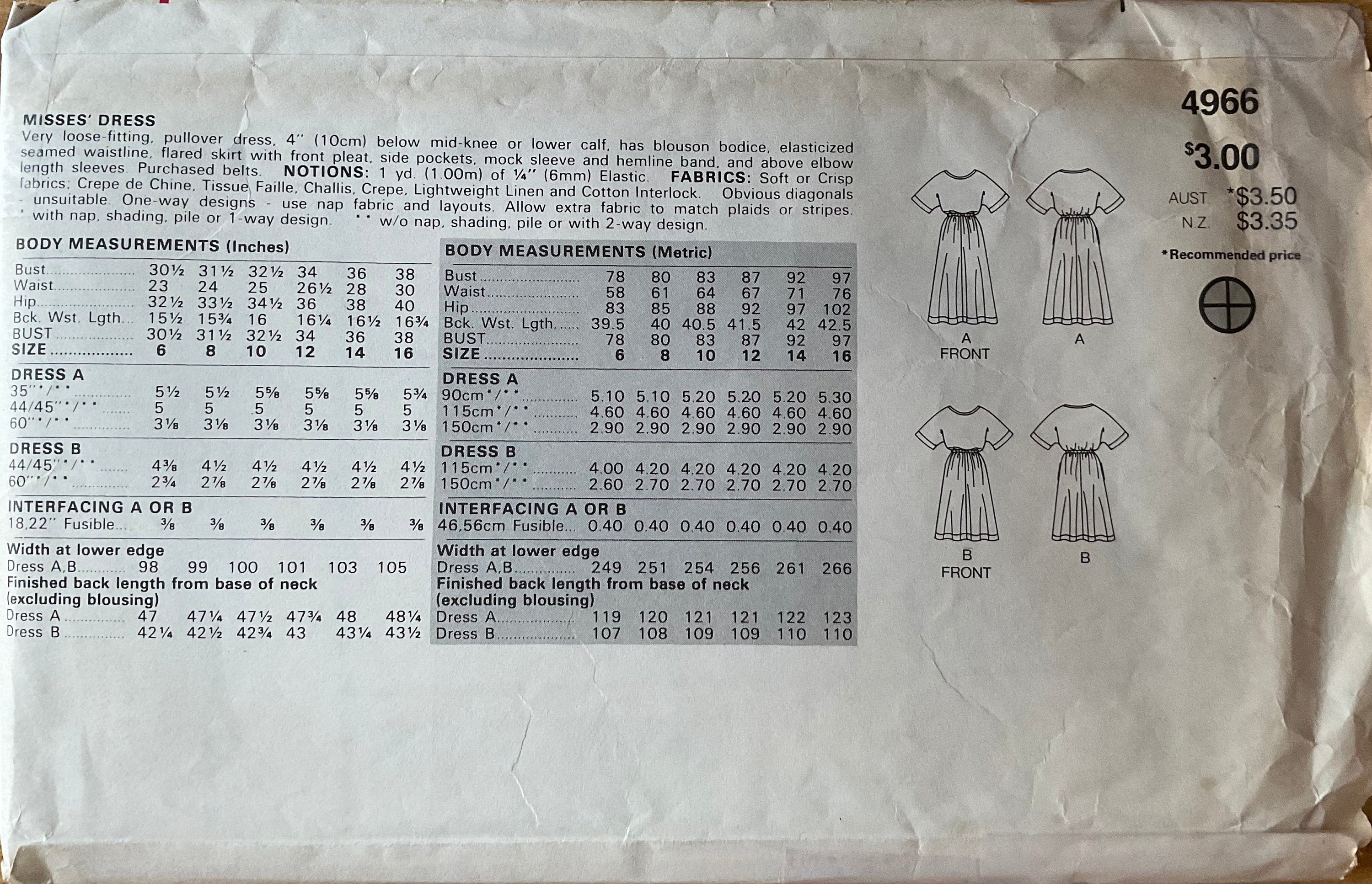 Butterick 4966 Sewing Pattern (Vintage) CUT