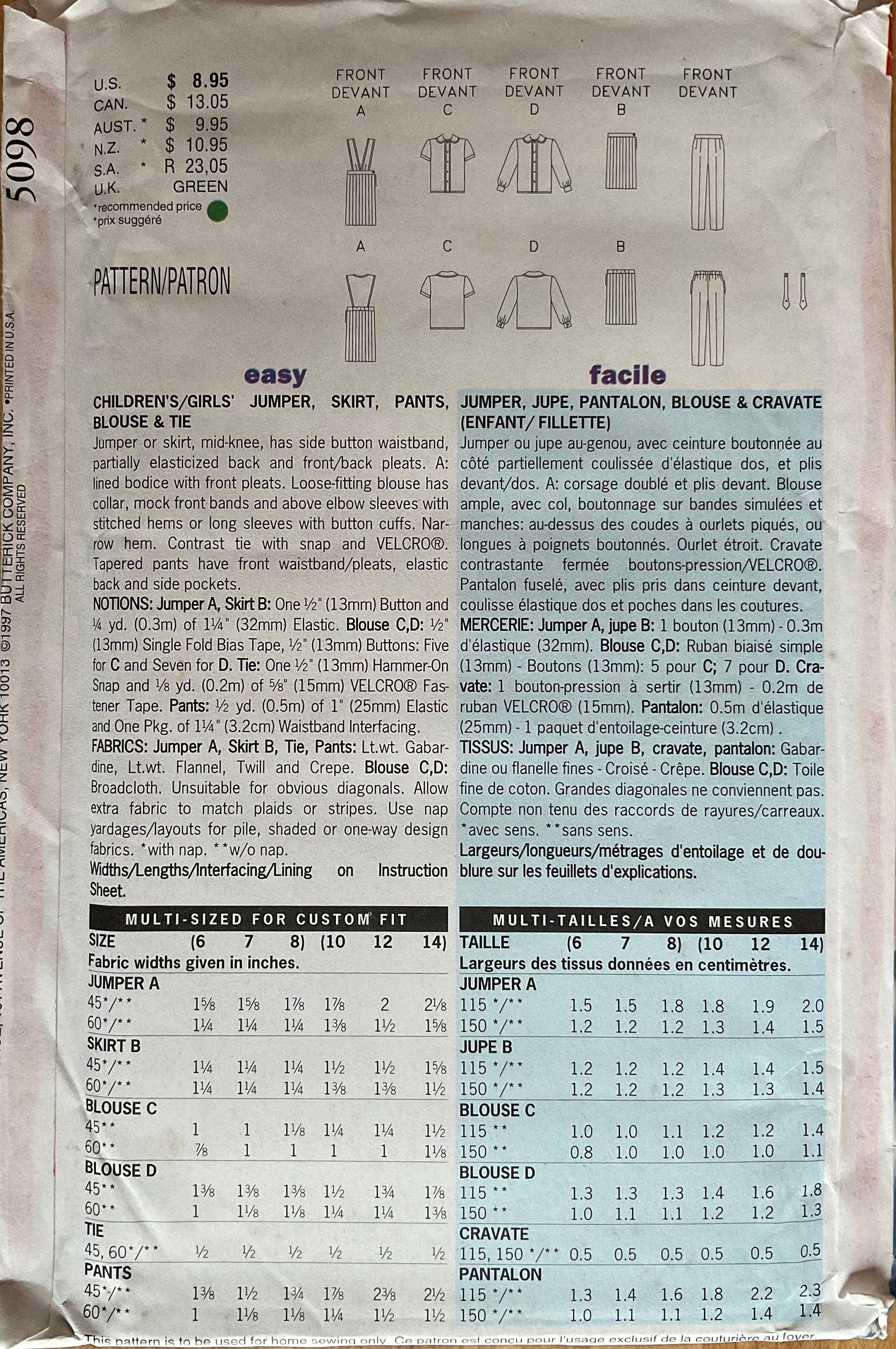 Butterick 5098 Sewing Pattern (Vintage) UNCUT