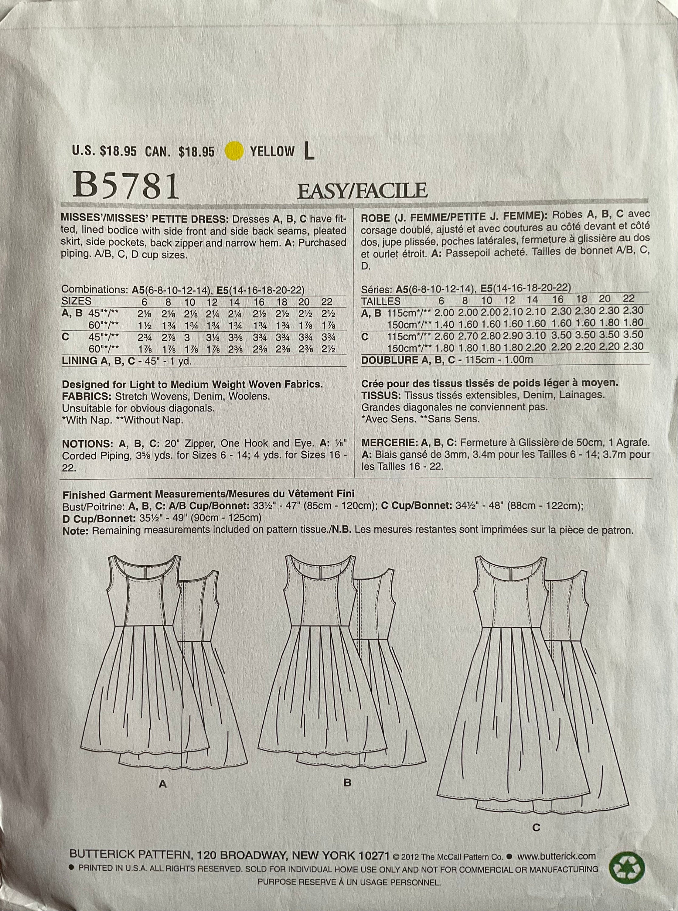 Butterick 5781 Sewing Pattern (Vintage) CUT