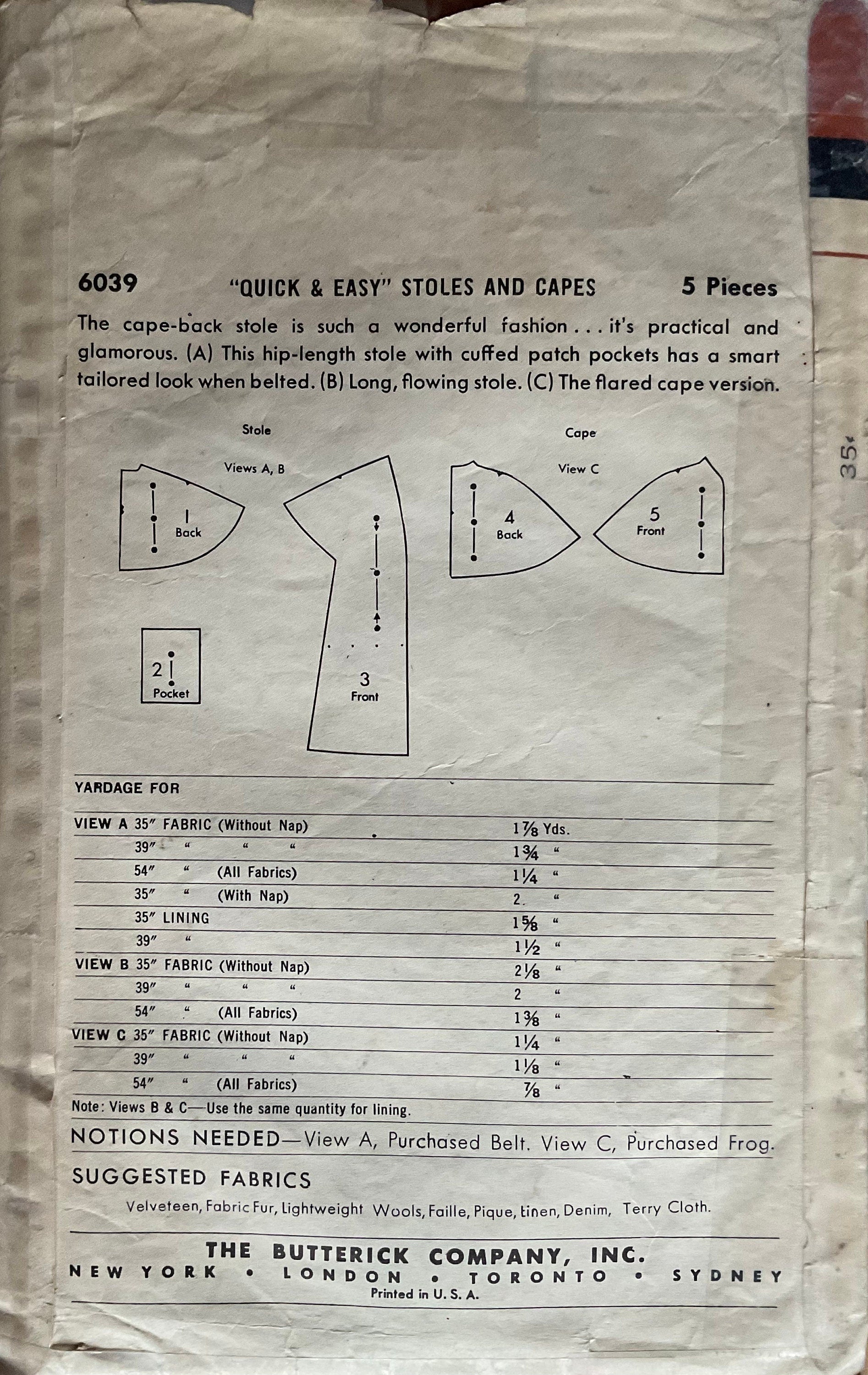 Butterick 6039 Sewing Pattern (Vintage) CUT