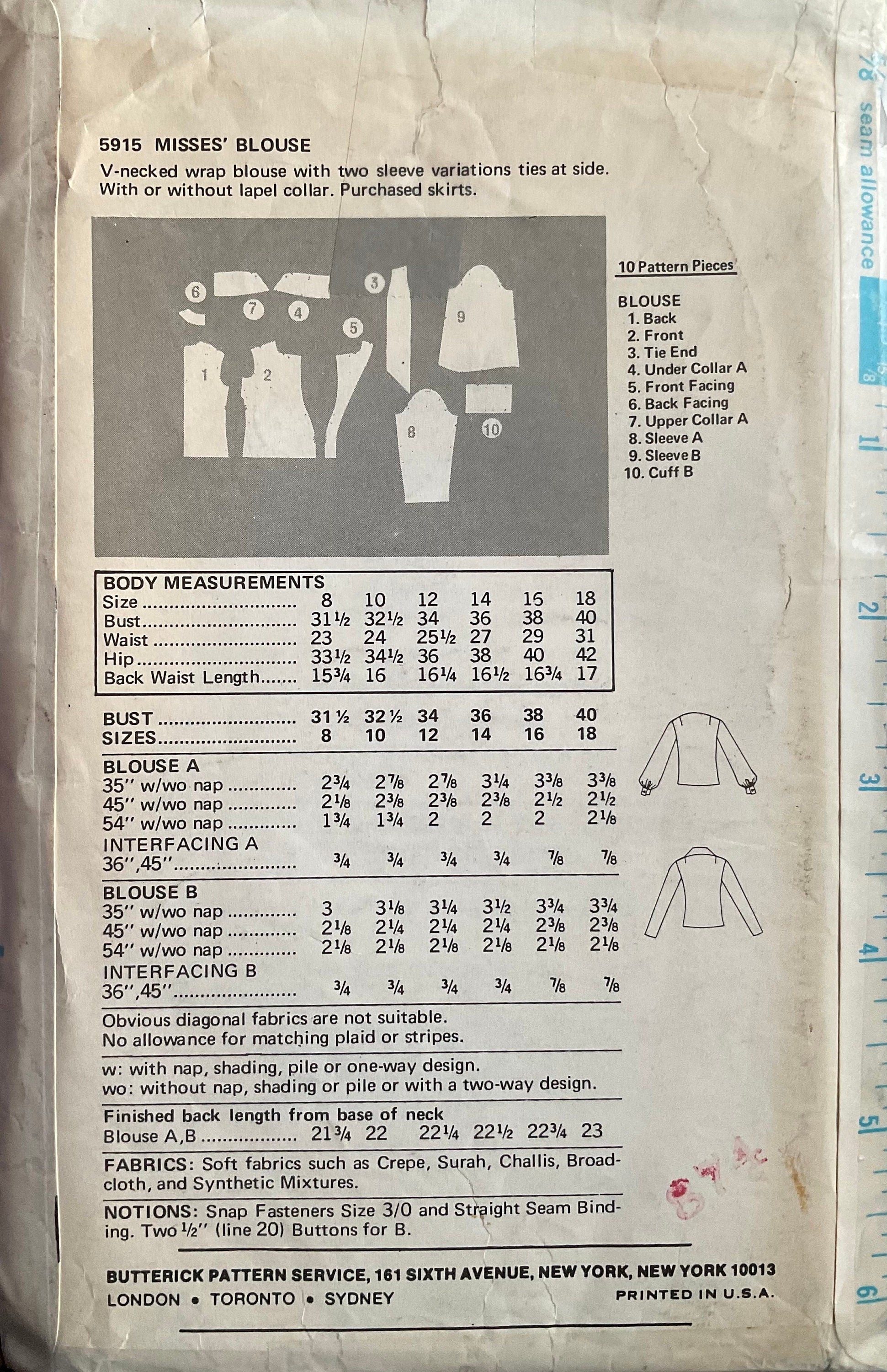 Butterick 5915 Sewing Pattern (Vintage) CUT