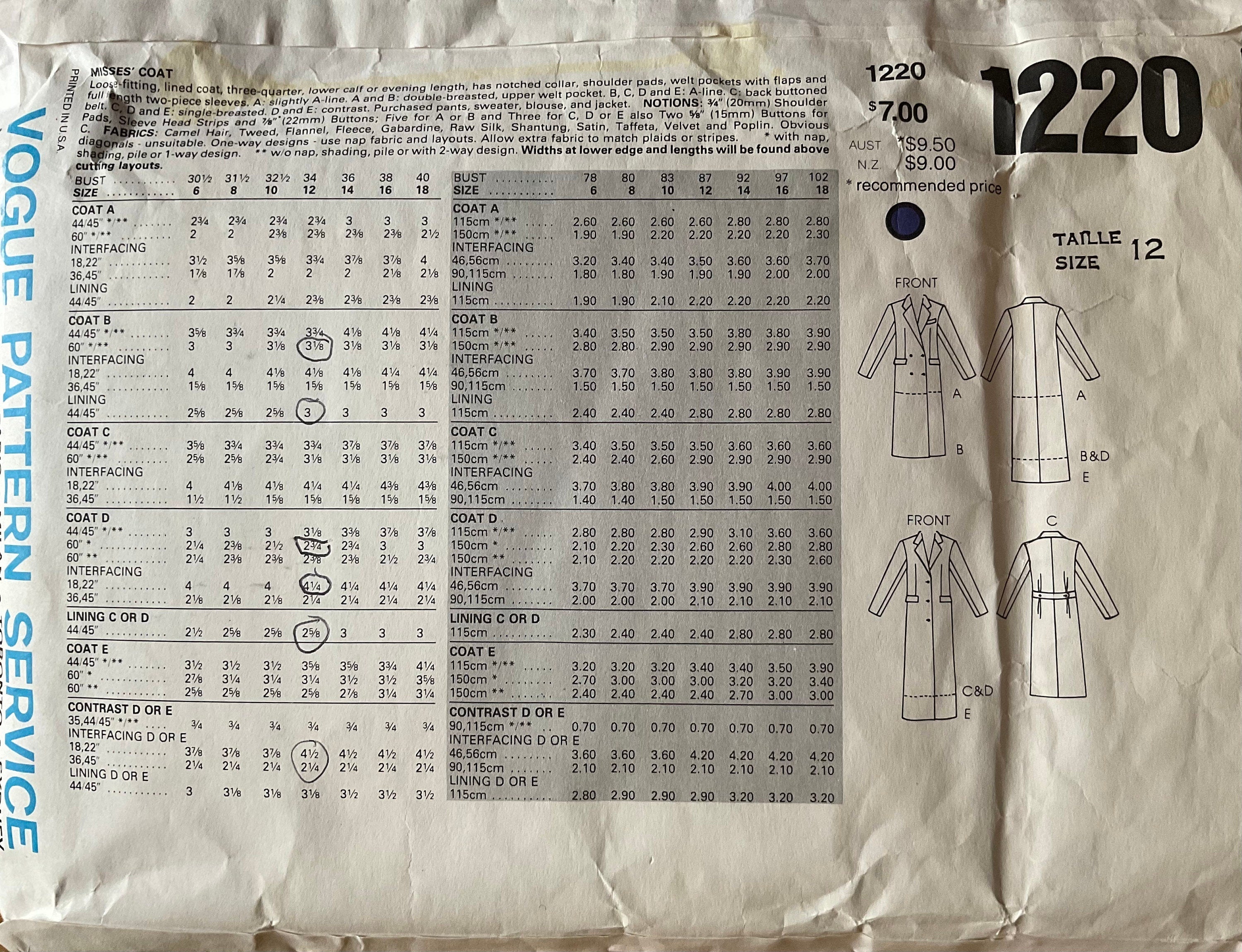 Vogue 1220 Sewing Pattern (Vintage) CUT