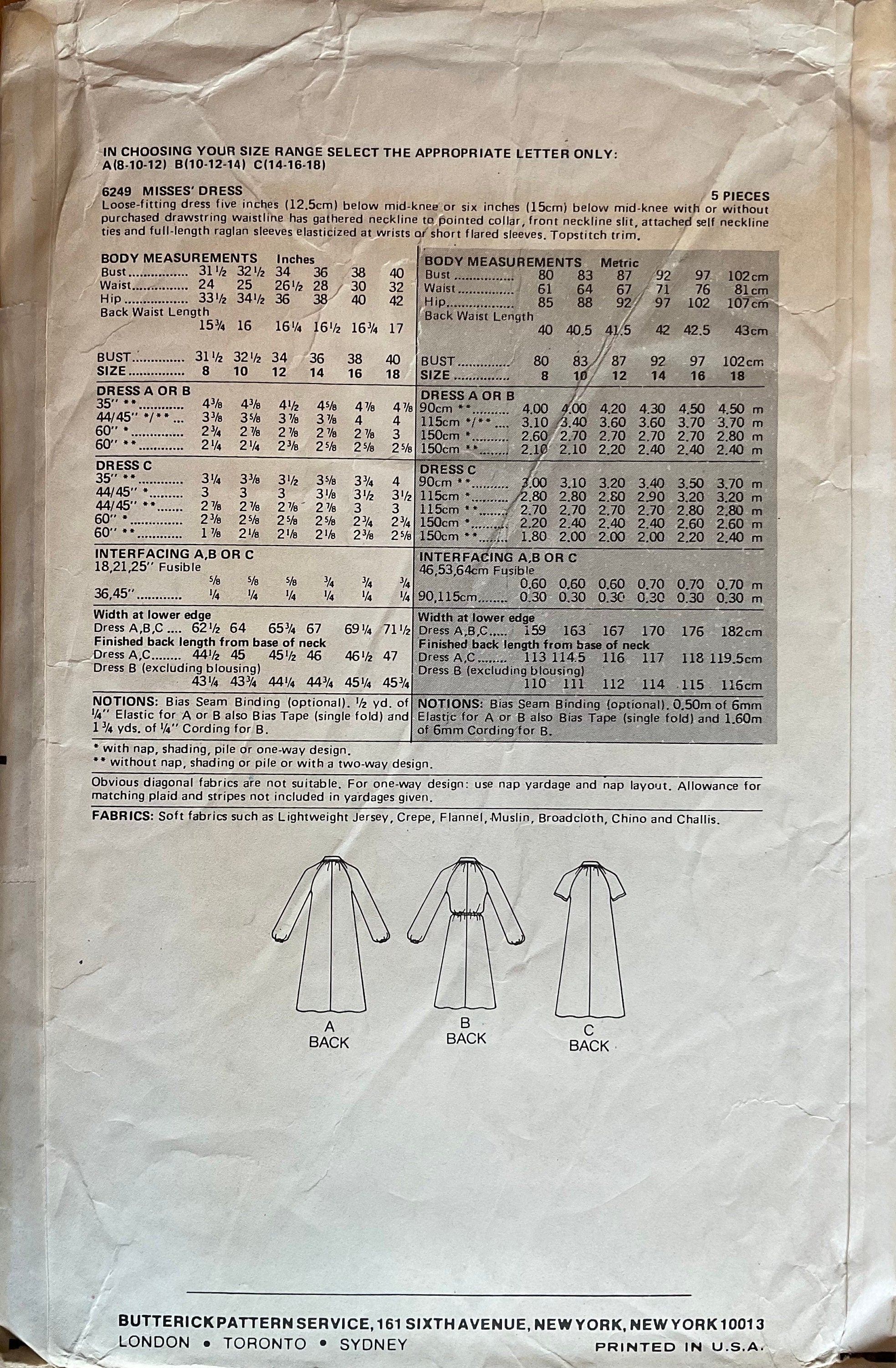 Butterick 6249 Sewing Pattern (Vintage) UNCUT