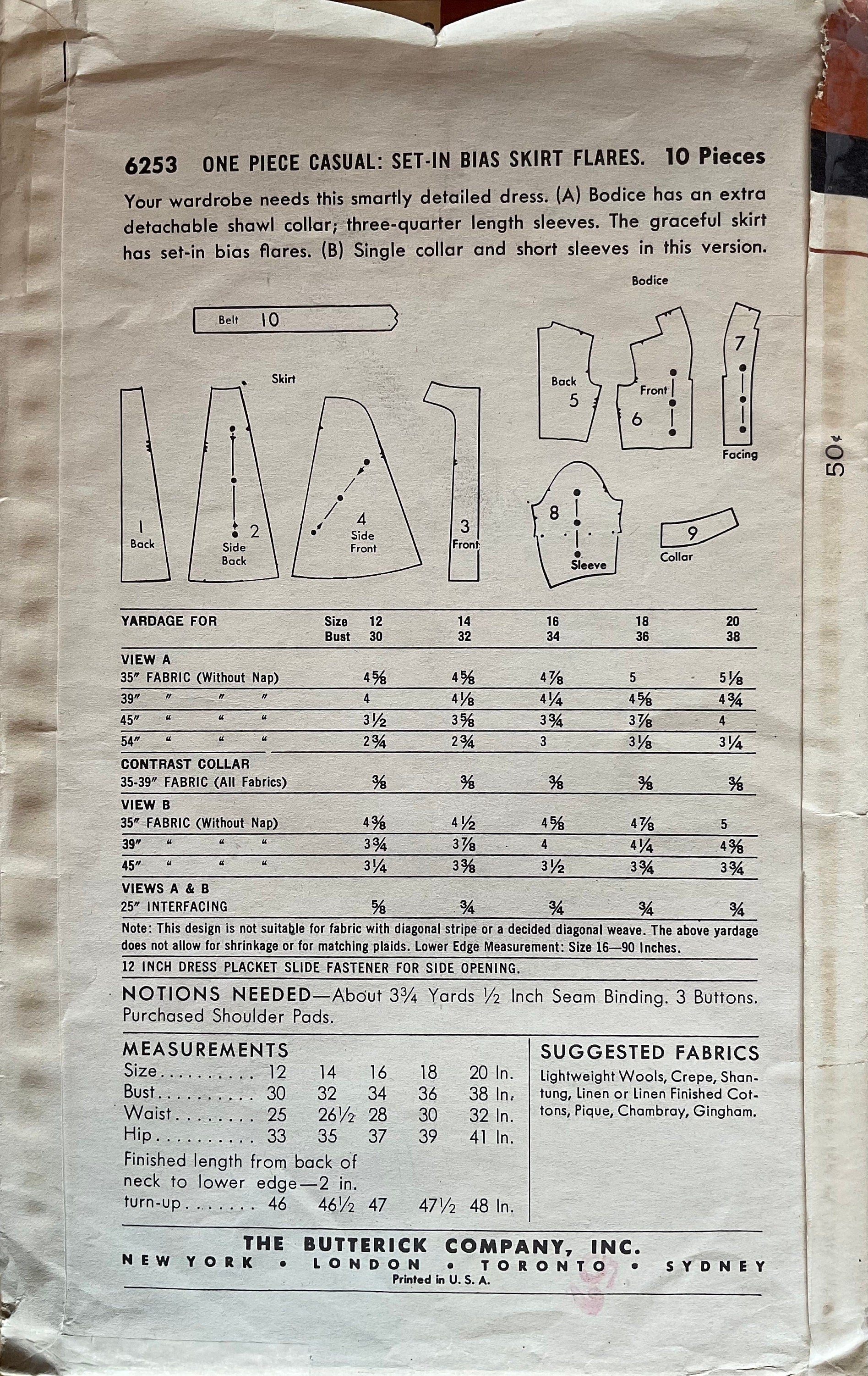 Butterick 6253 Sewing Pattern (Vintage) UNCUT