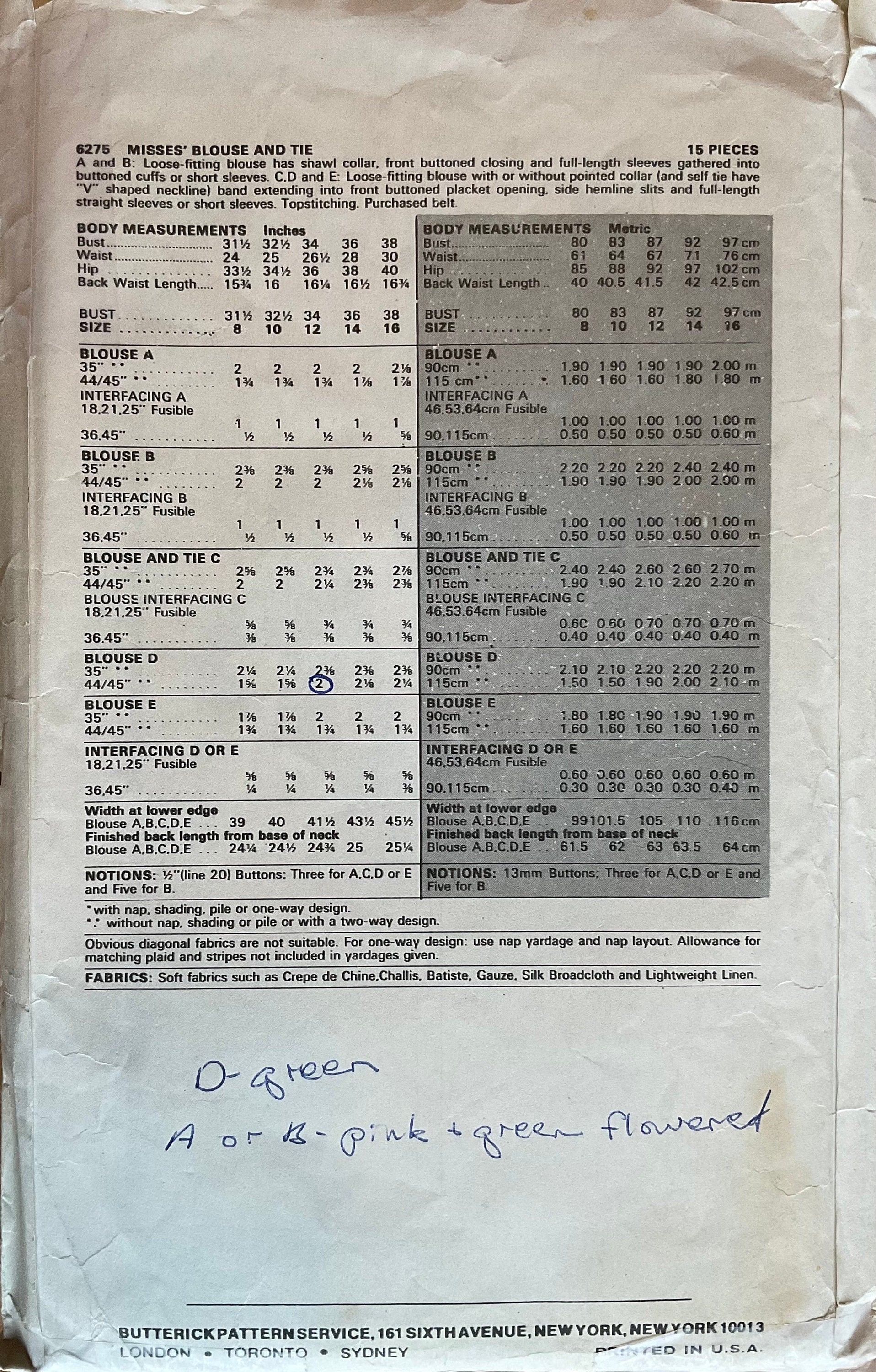 Butterick 6275 Sewing Pattern (Vintage) CUT
