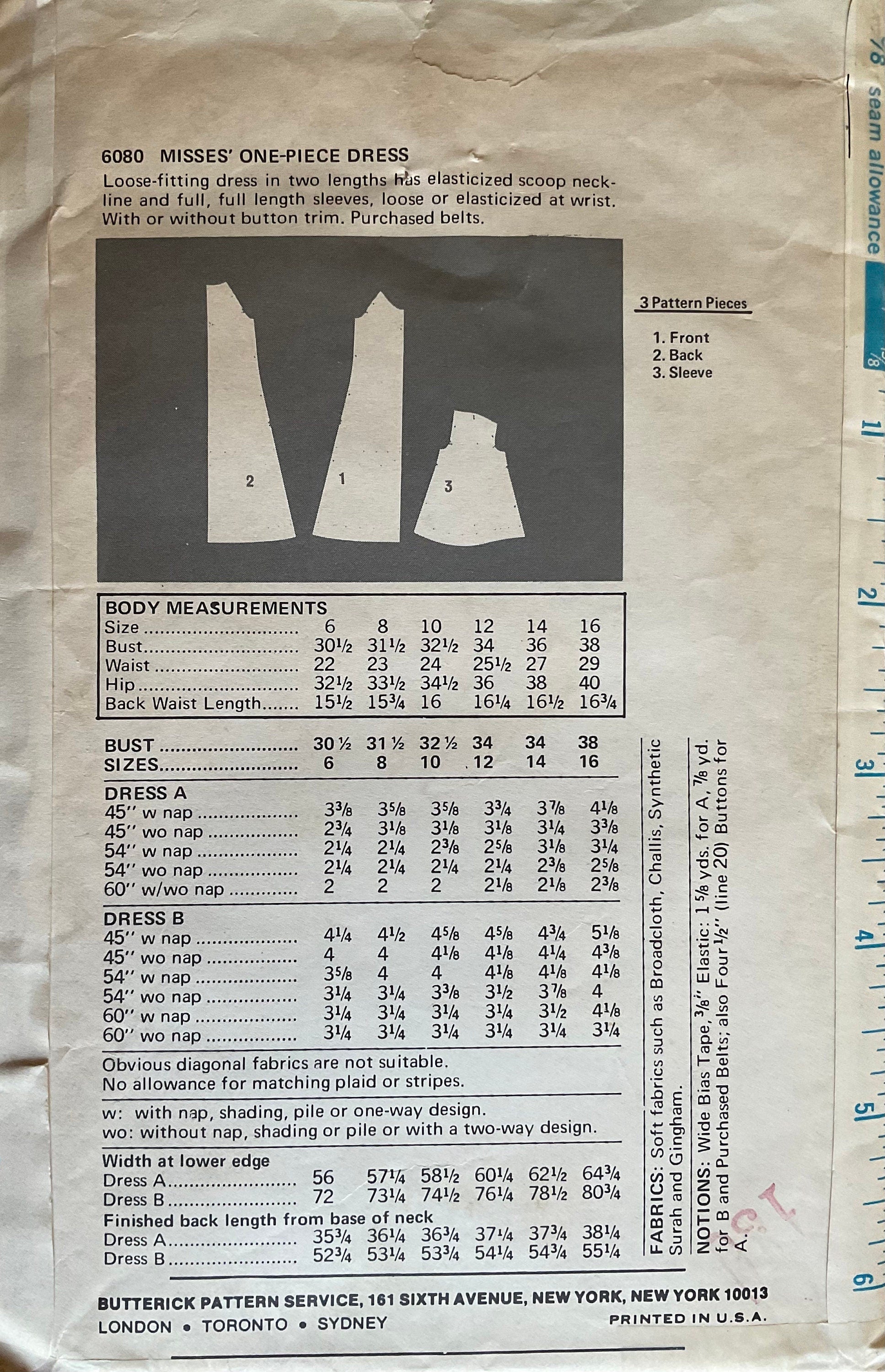 Butterick 6080 Sewing Pattern (Vintage) CUT