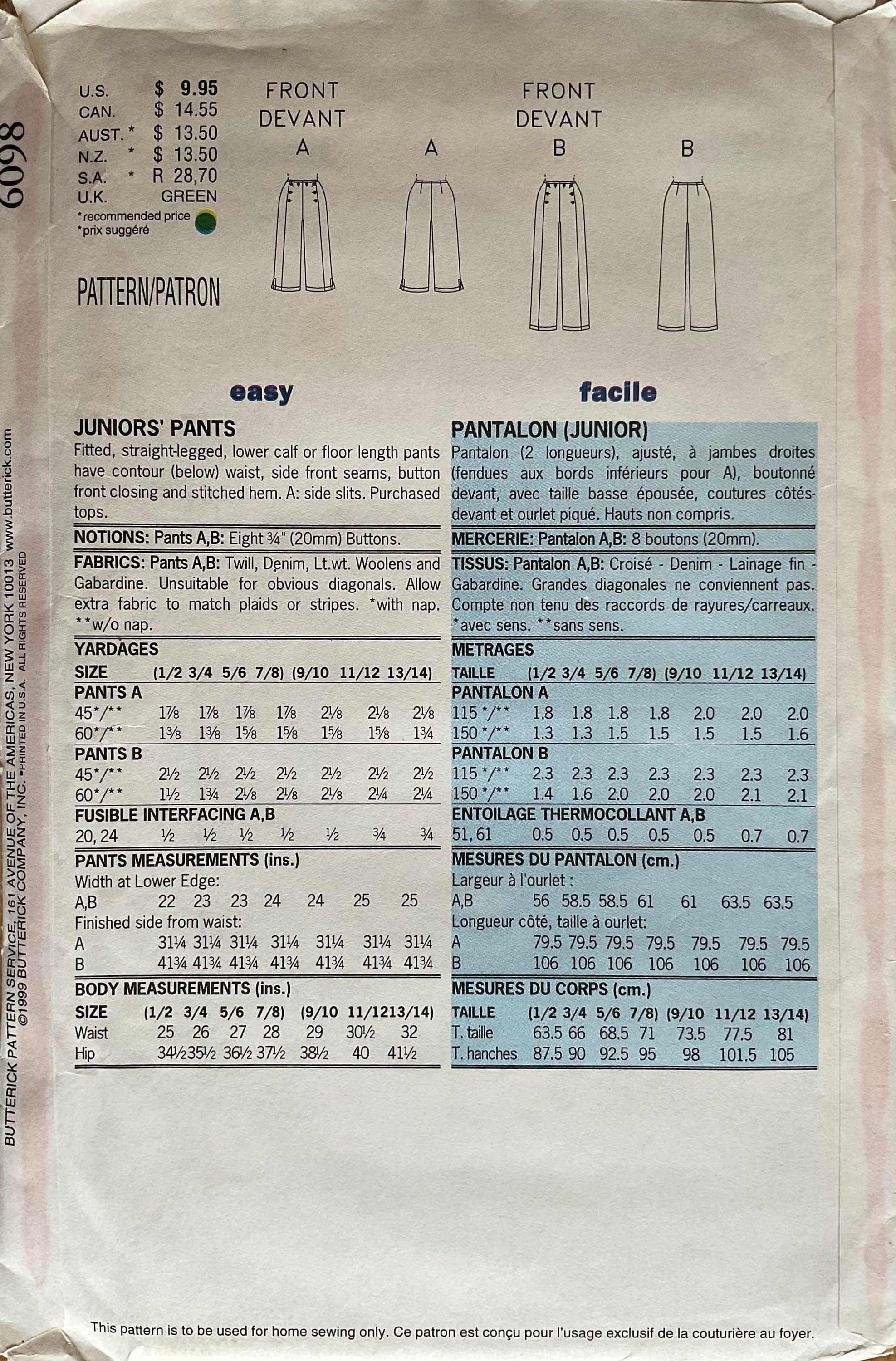 Butterick 6098 Sewing Pattern (Vintage) UNCUT