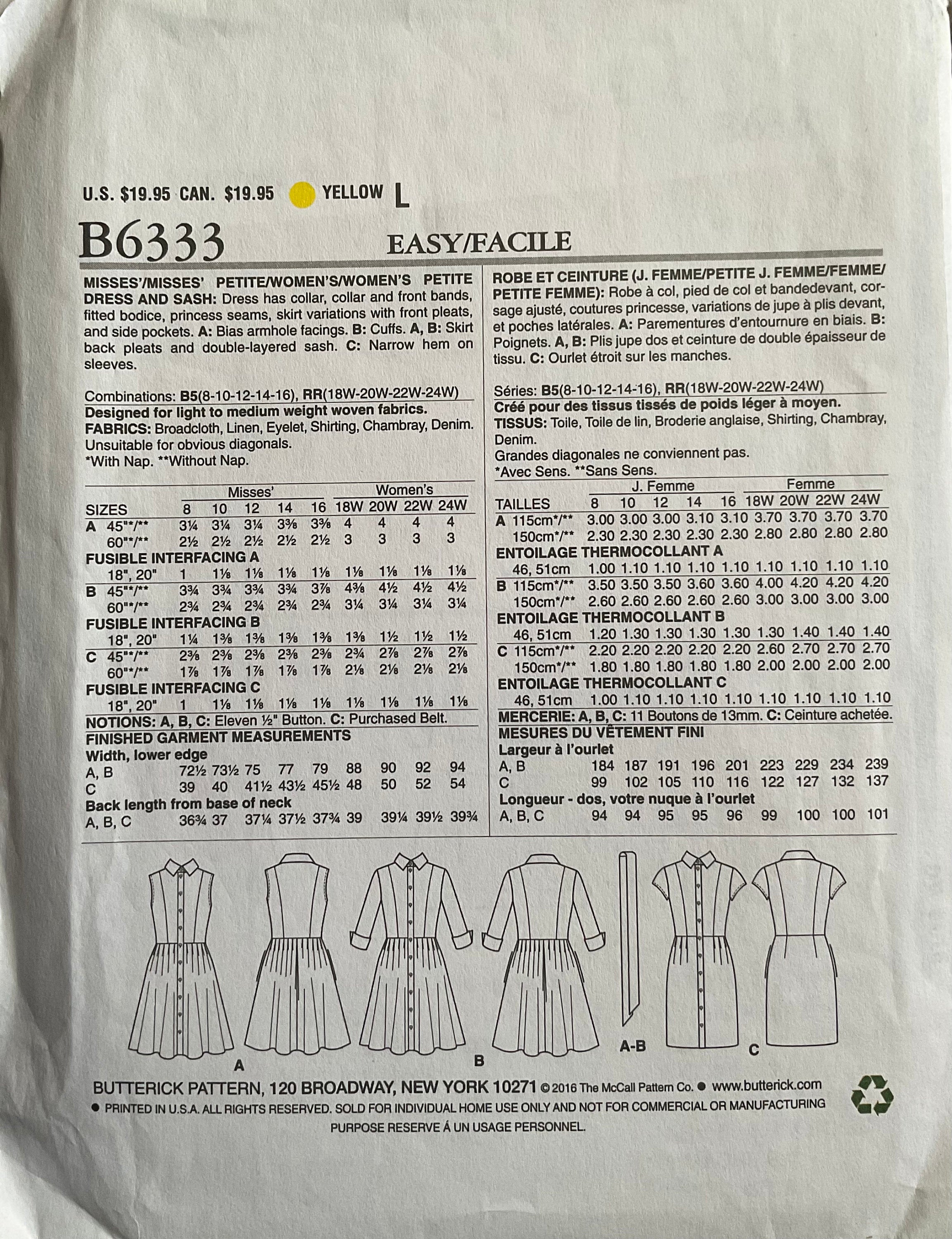 Butterick 6333 Sewing Pattern (Vintage) UNCUT