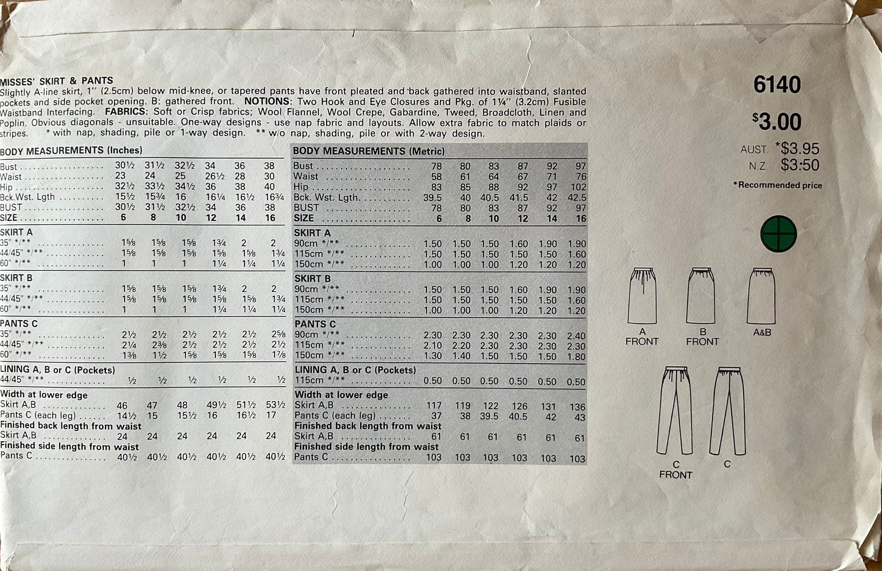 Butterick 6140 Sewing Pattern (Vintage) UNCUT