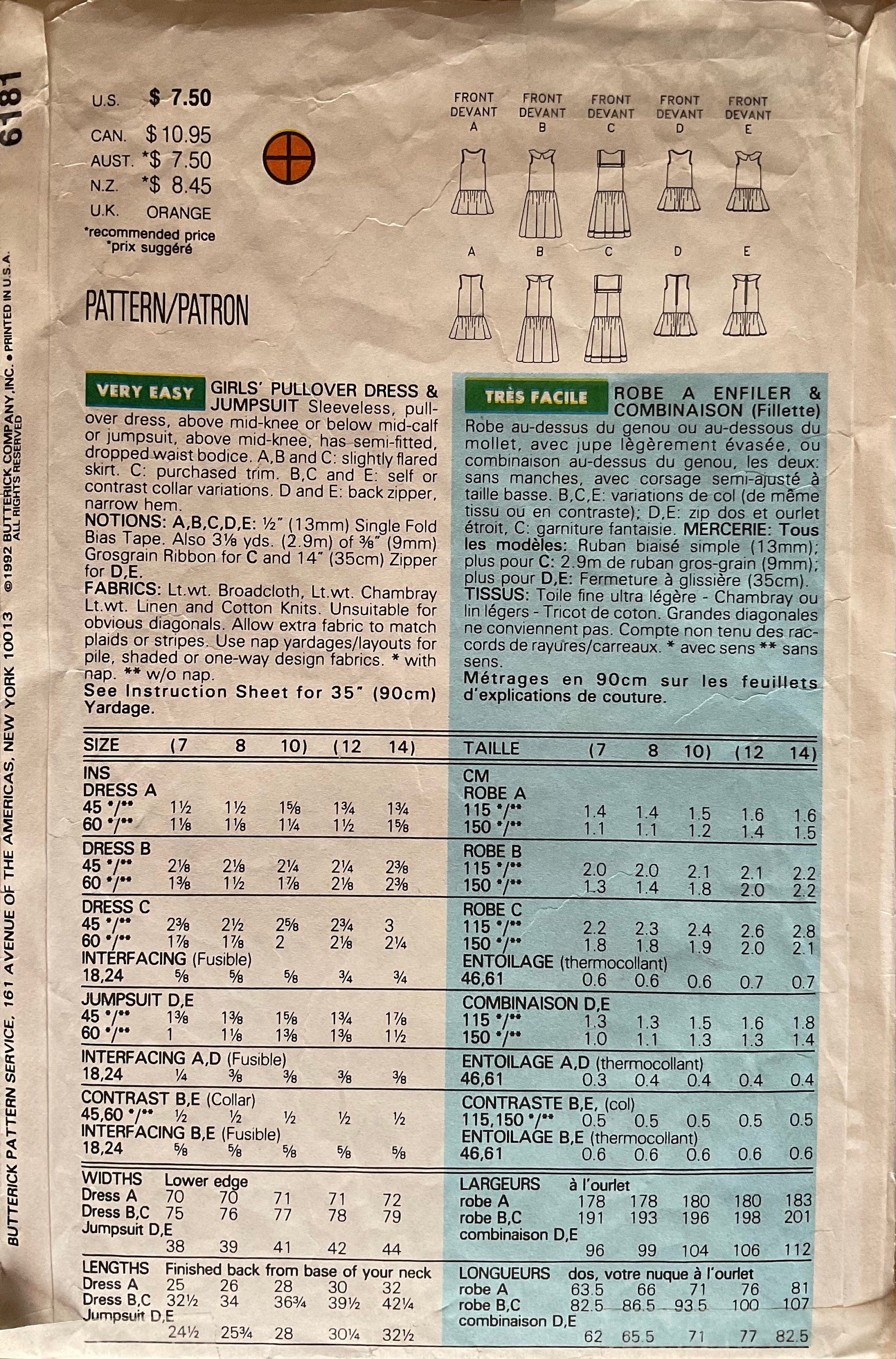 Butterick 6181 Sewing Pattern (Vintage) CUT
