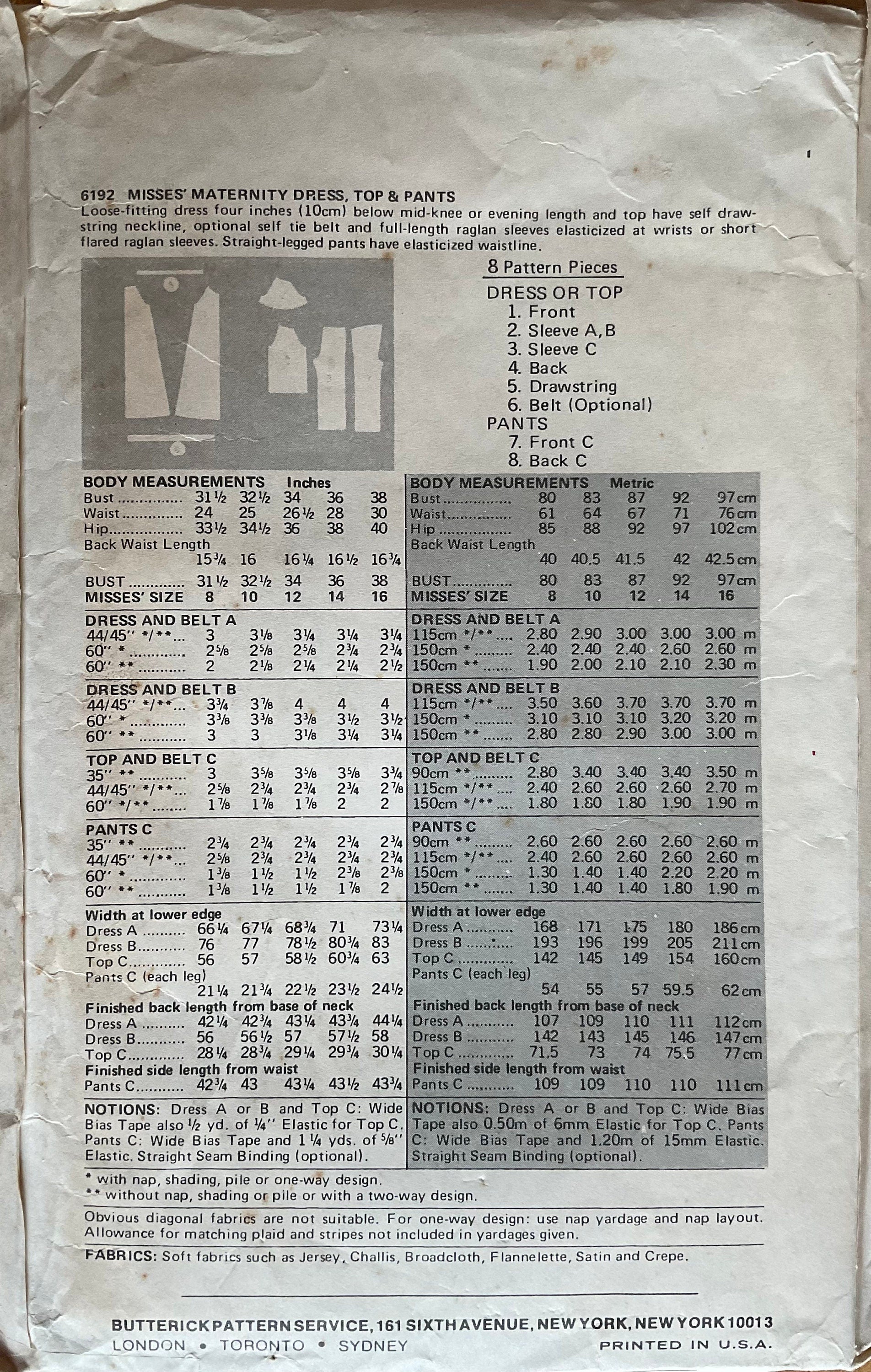 Butterick 6192 Sewing Pattern (Vintage) CUT