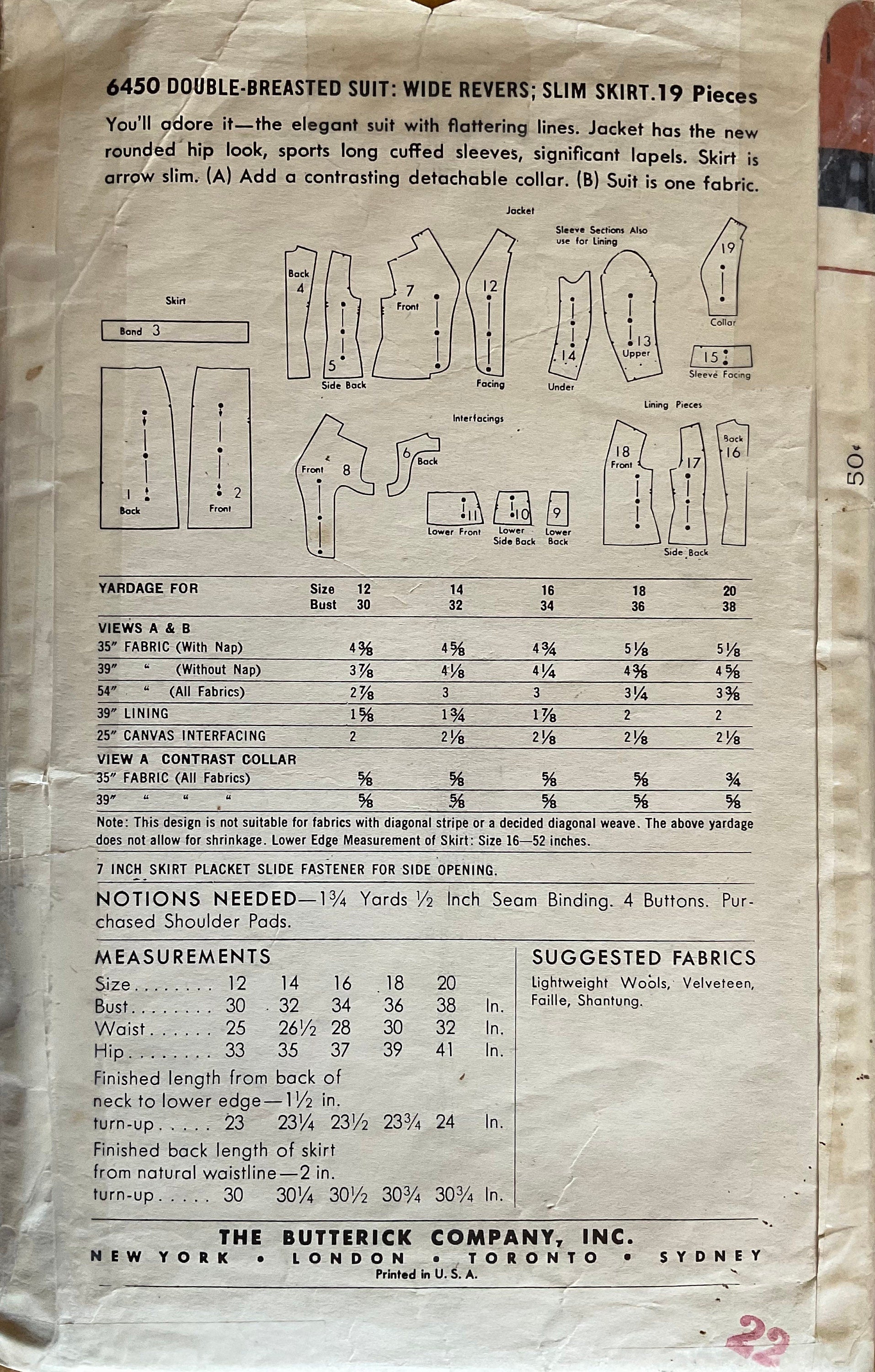 Butterick 6450 Sewing Pattern (Vintage) UNCUT
