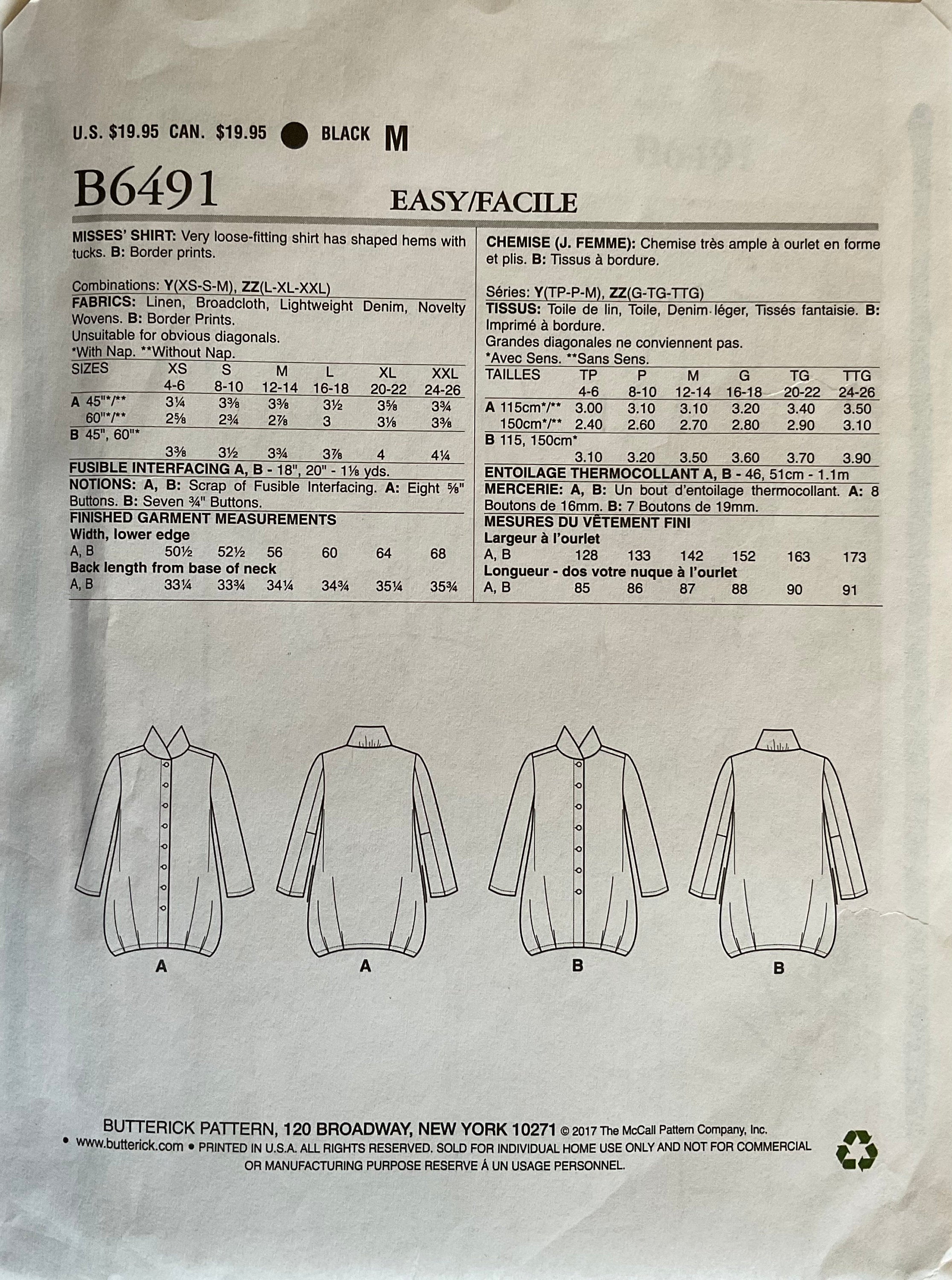 Butterick 6491 Sewing Pattern (Vintage) UNCUT