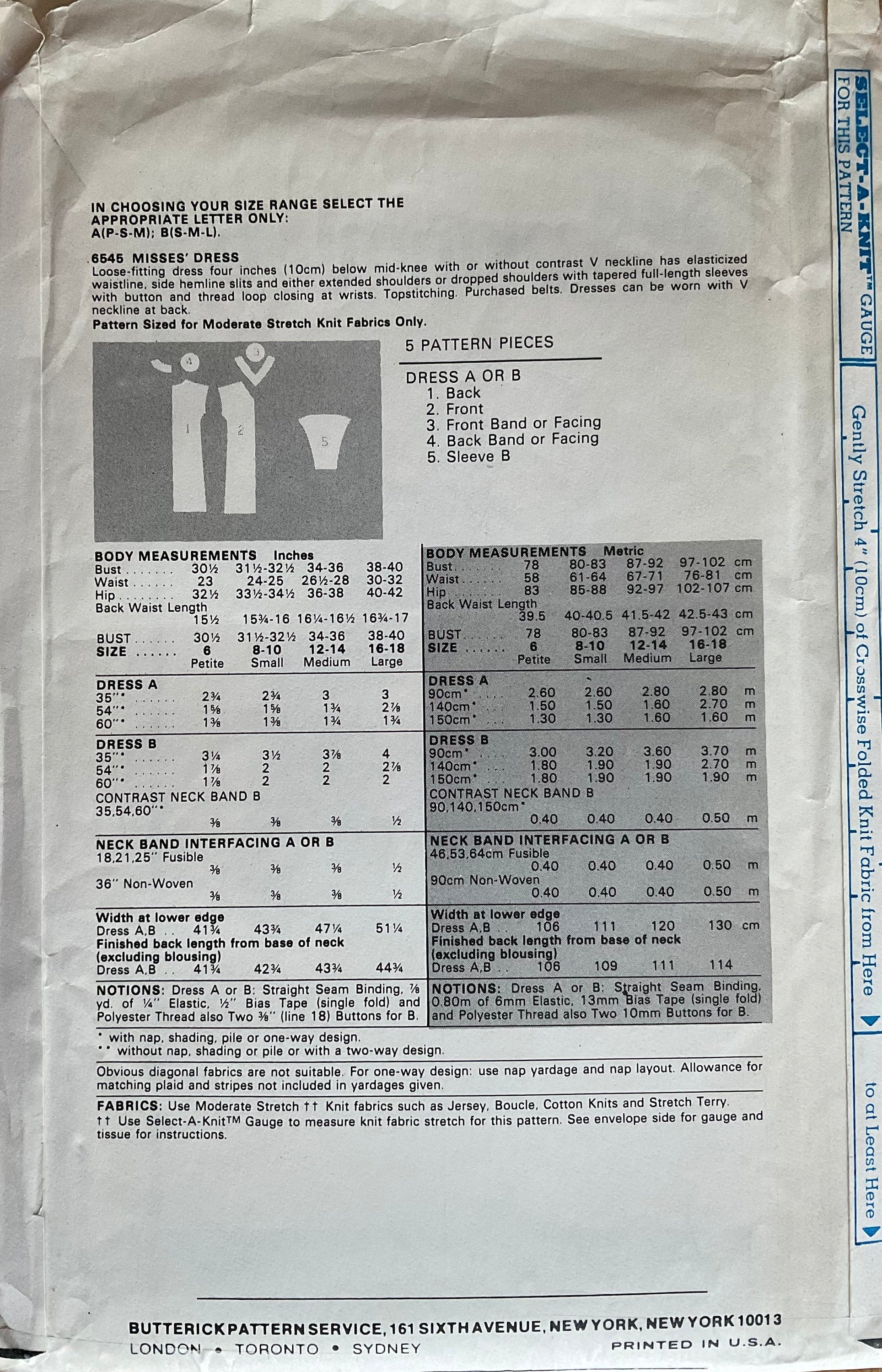 Butterick 6545 Sewing Pattern (Vintage) UNCUT/CUT