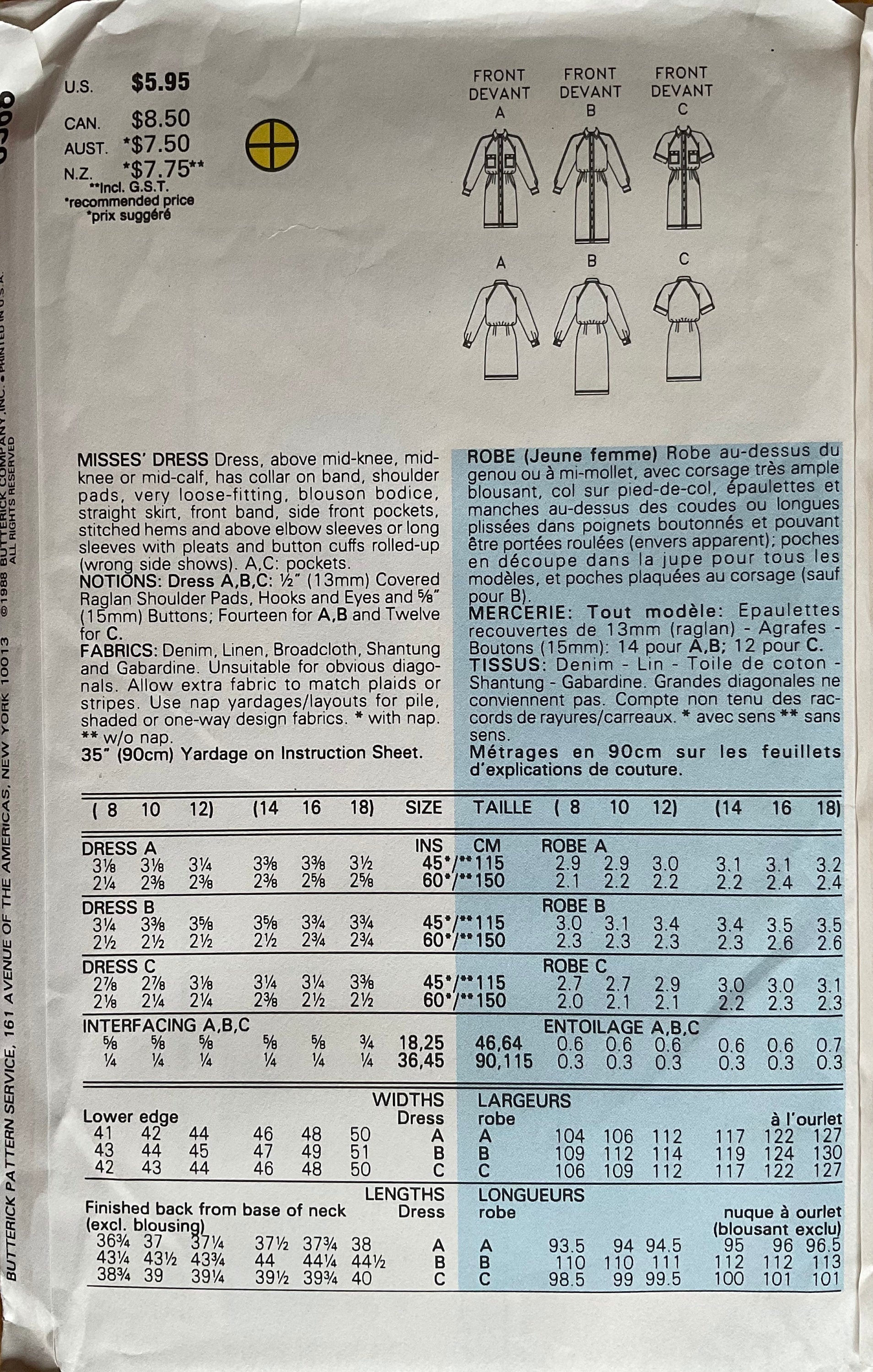 Butterick 6568 Sewing Pattern (Vintage) UNCUT