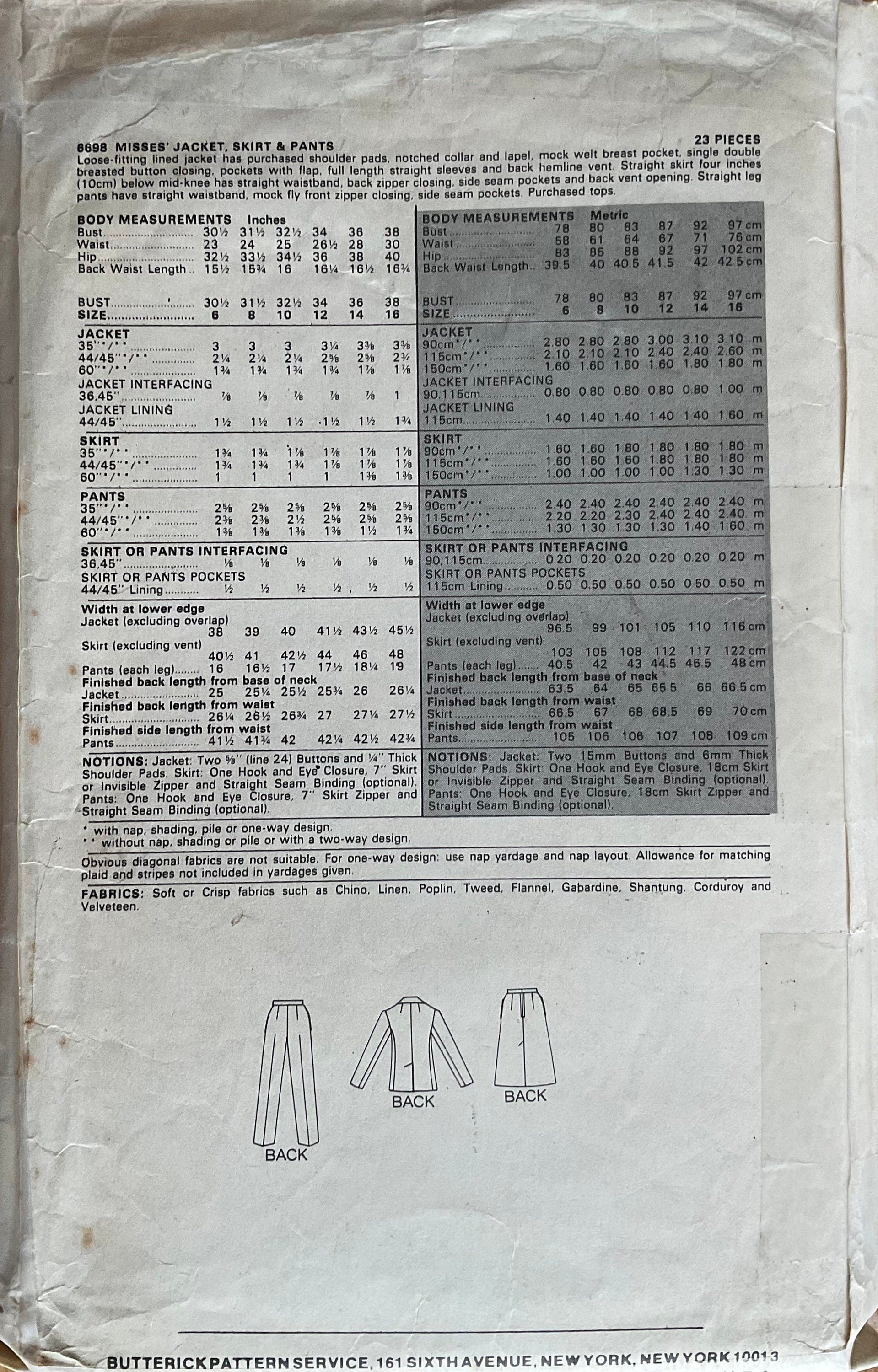 Butterick 6698 Sewing Pattern (Vintage) CUT