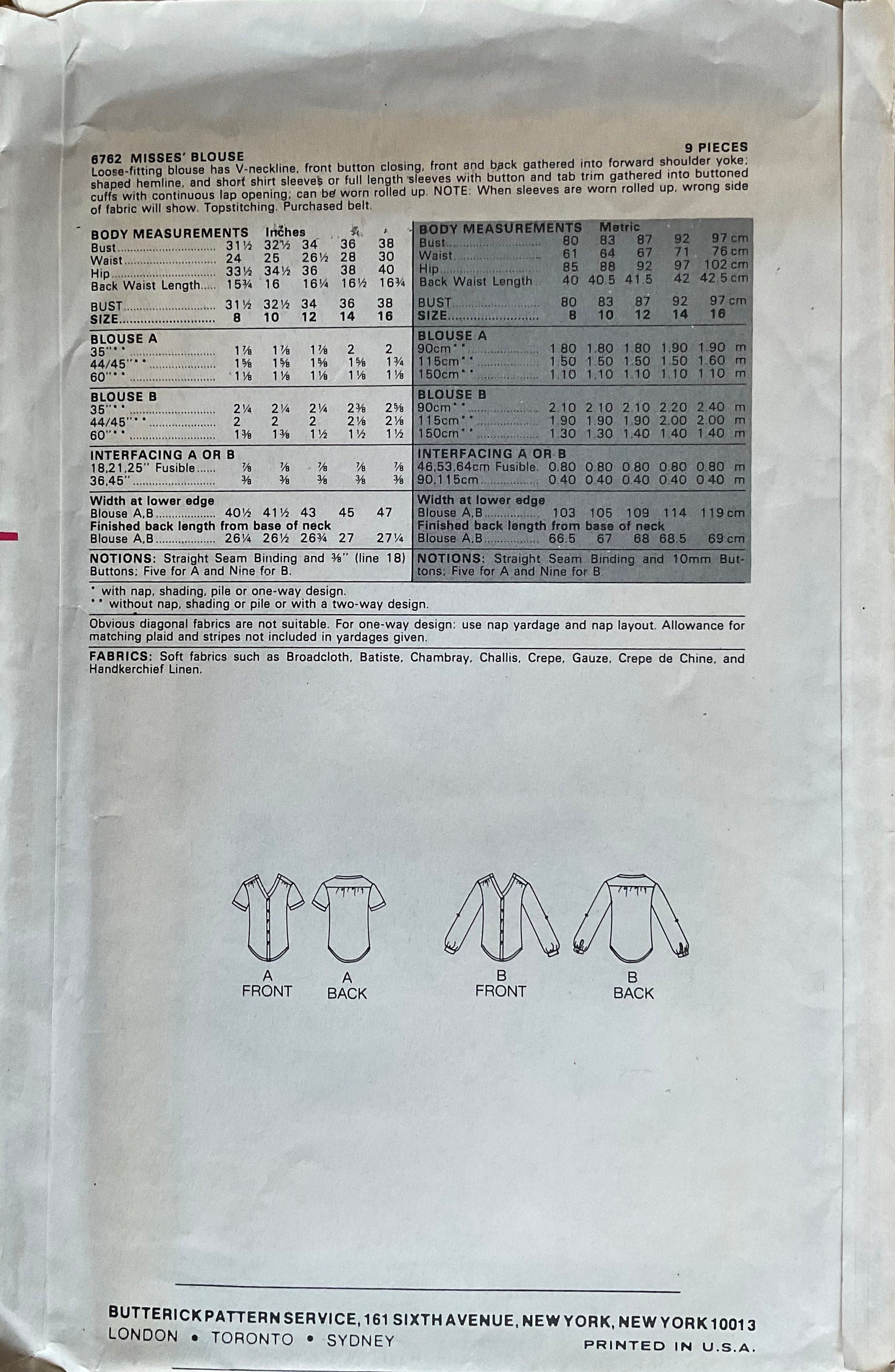 Butterick 6762 Sewing Pattern (Vintage) UNCUT