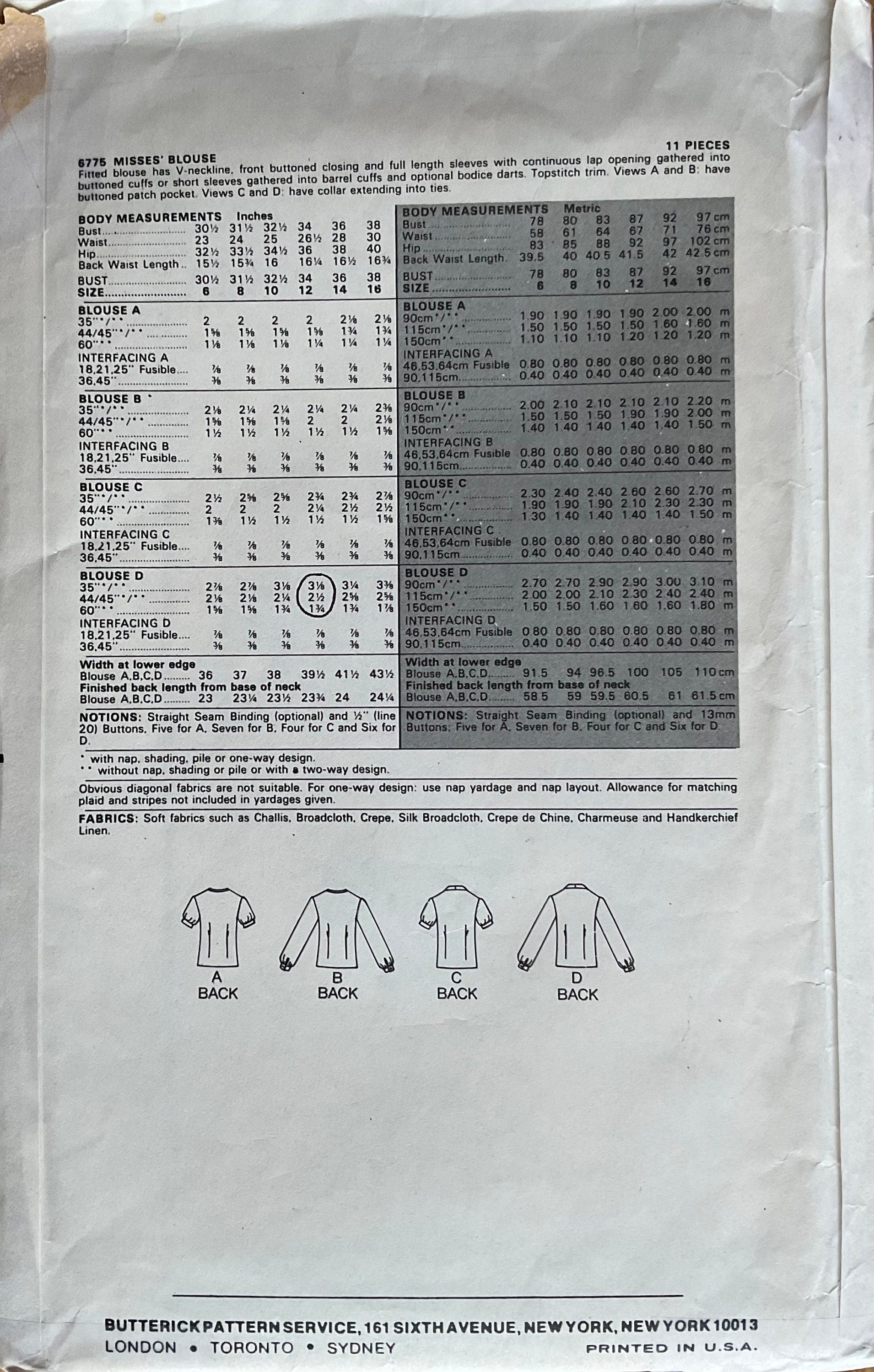 Butterick 6775 Sewing Pattern (Vintage) UNCUT