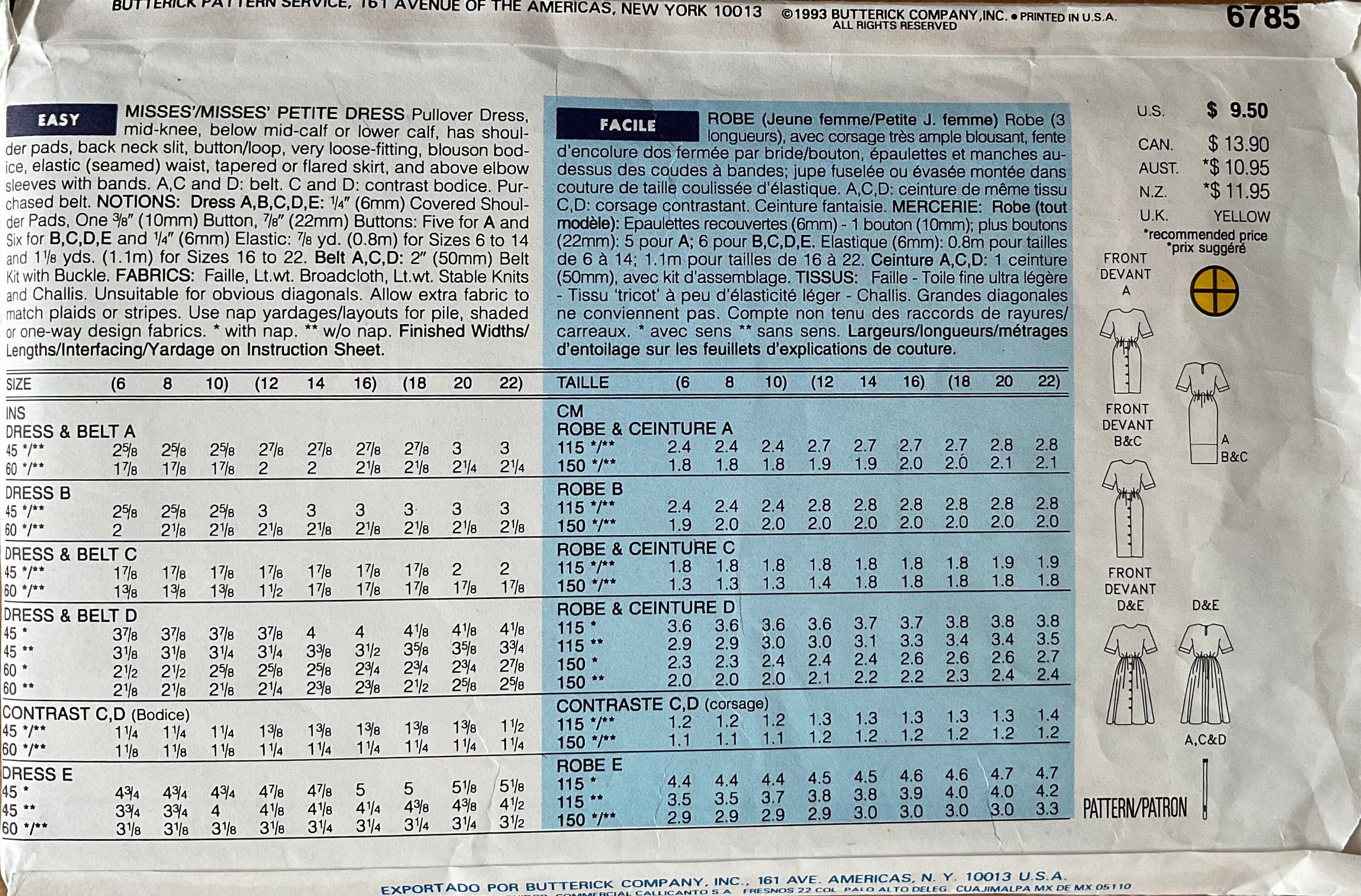 Butterick 6785 Sewing Pattern (Vintage) CUT