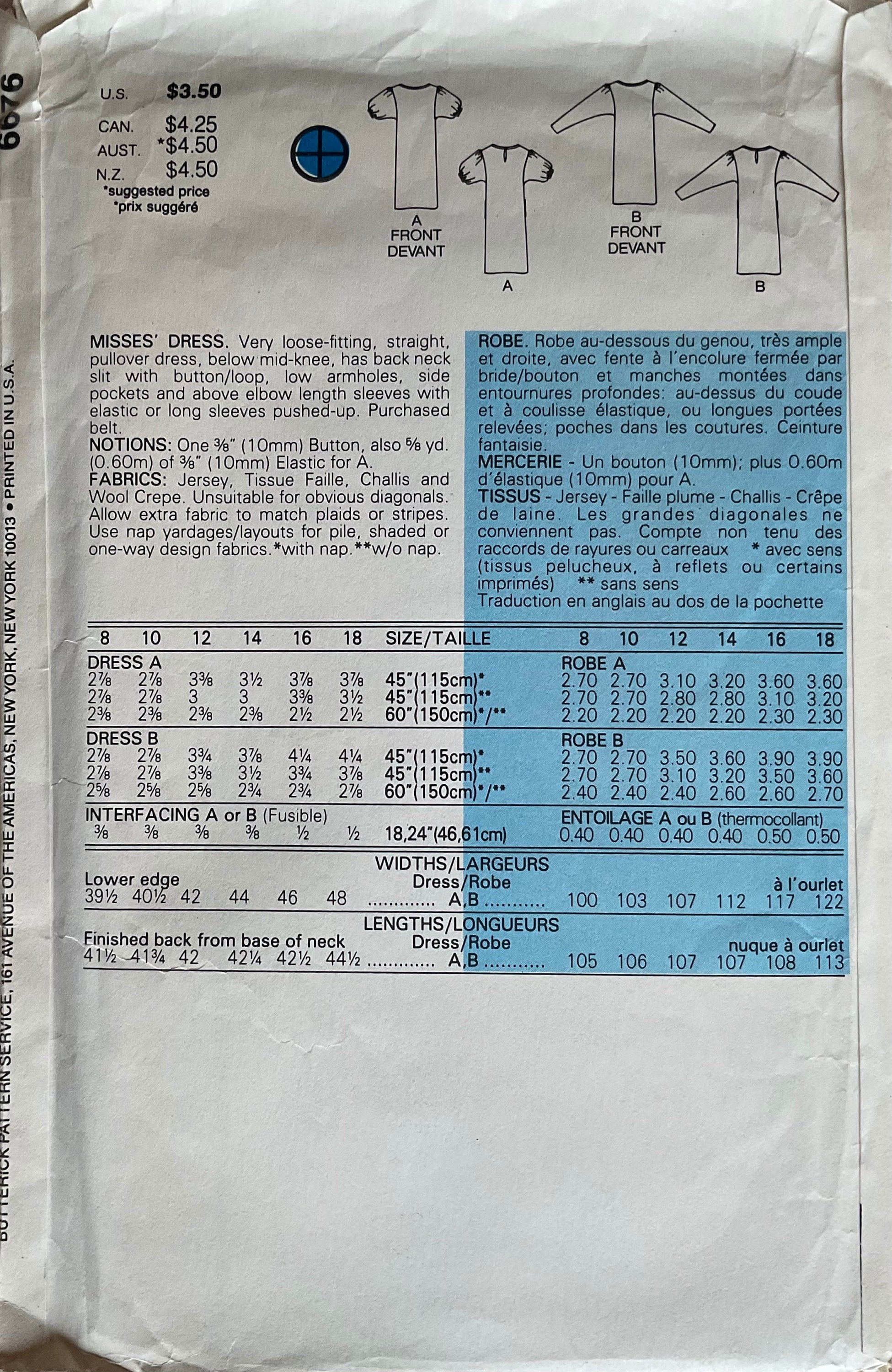 Butterick 6676 Sewing Pattern (Vintage) CUT