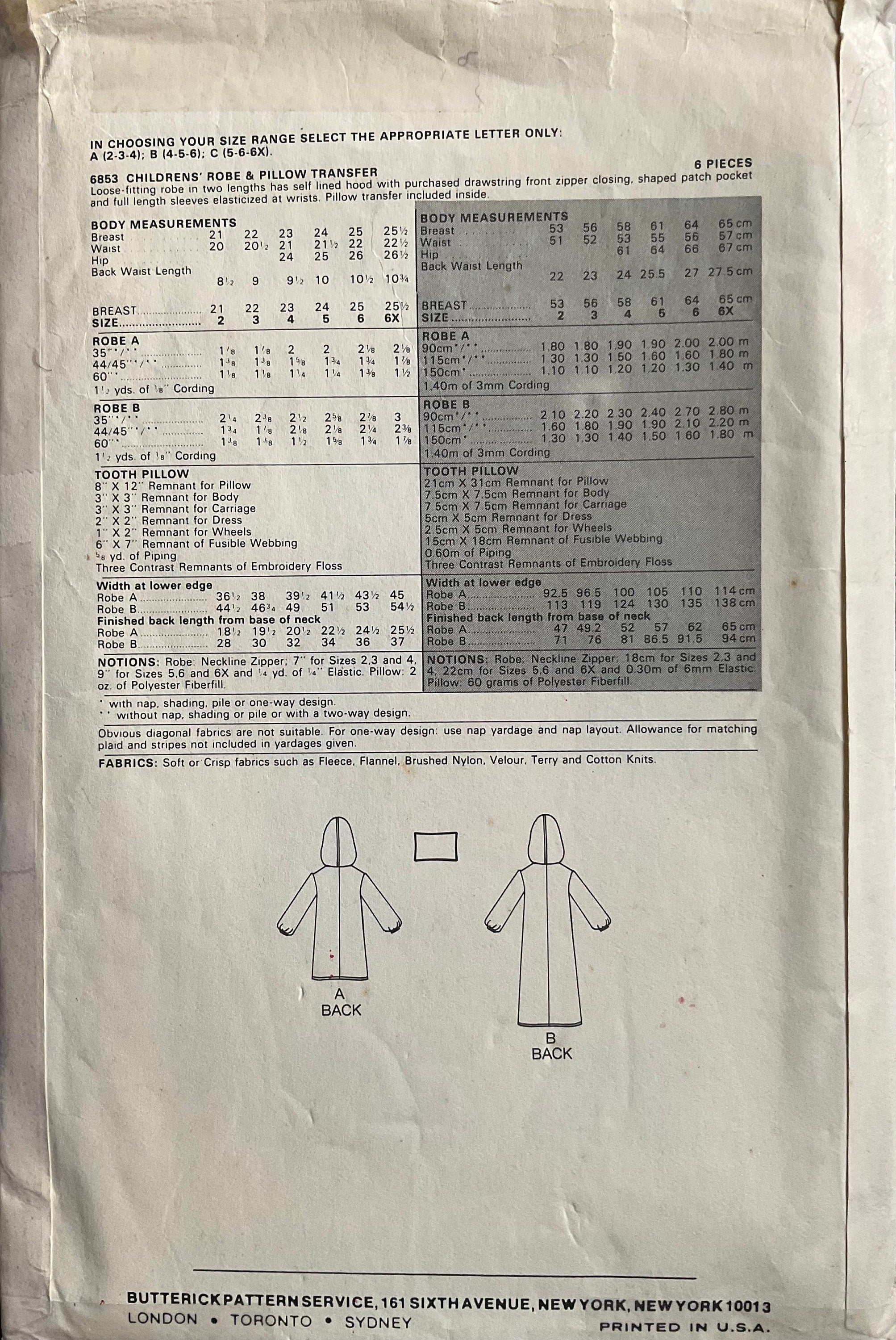 Butterick 6853 Sewing Pattern (Vintage) CUT