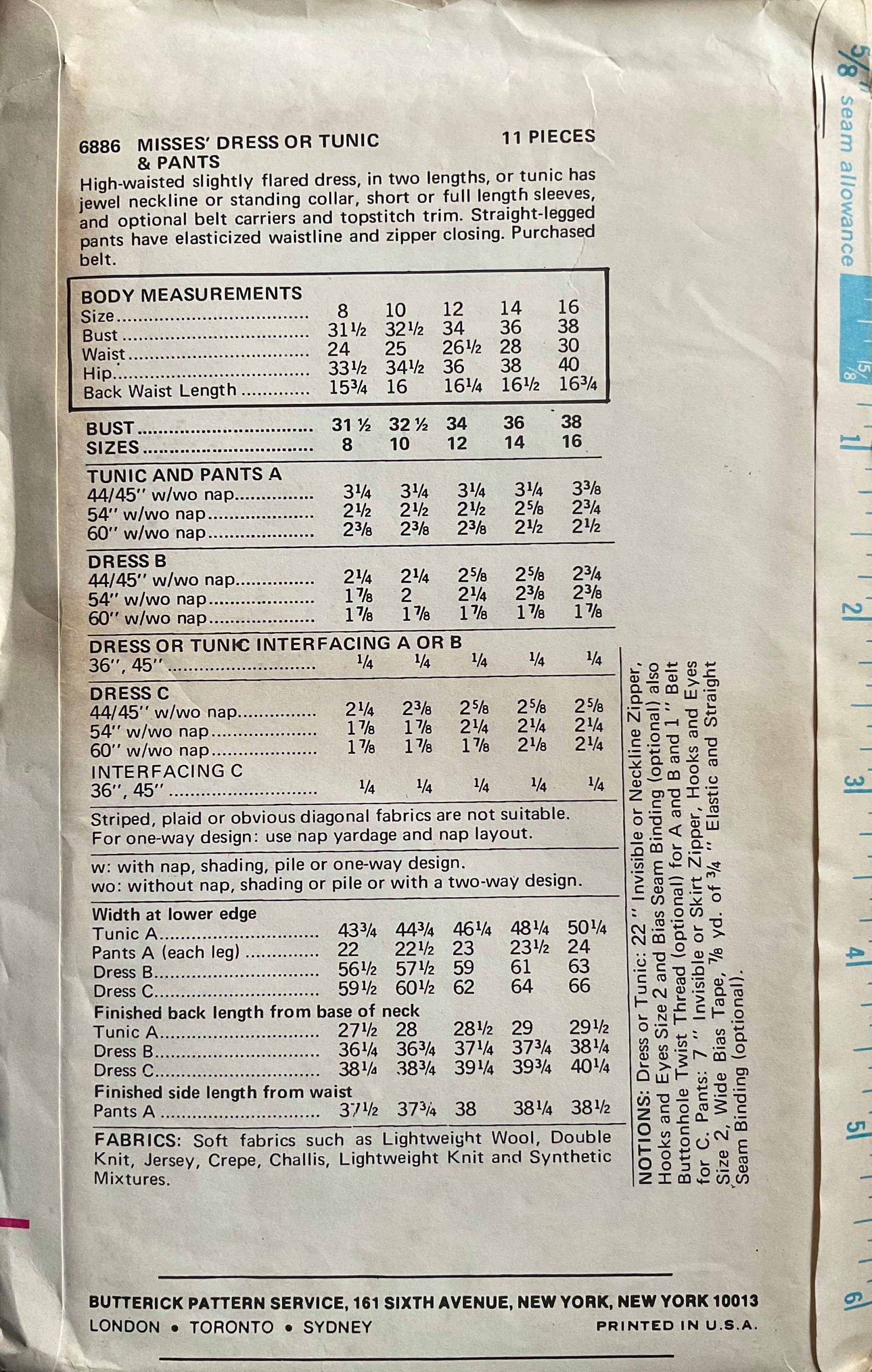 Butterick 6886 Sewing Pattern (Vintage) UNCUT