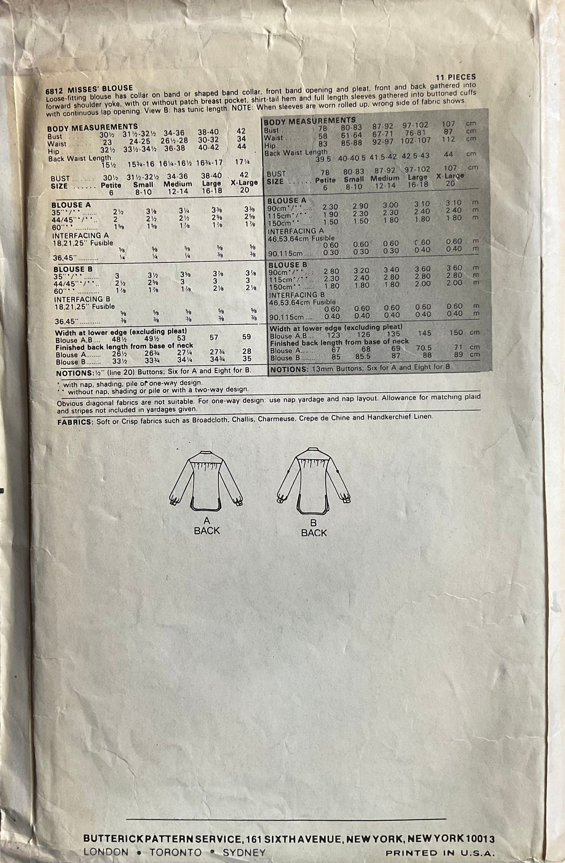 Butterick 6812 Sewing Pattern (Vintage) CUT
