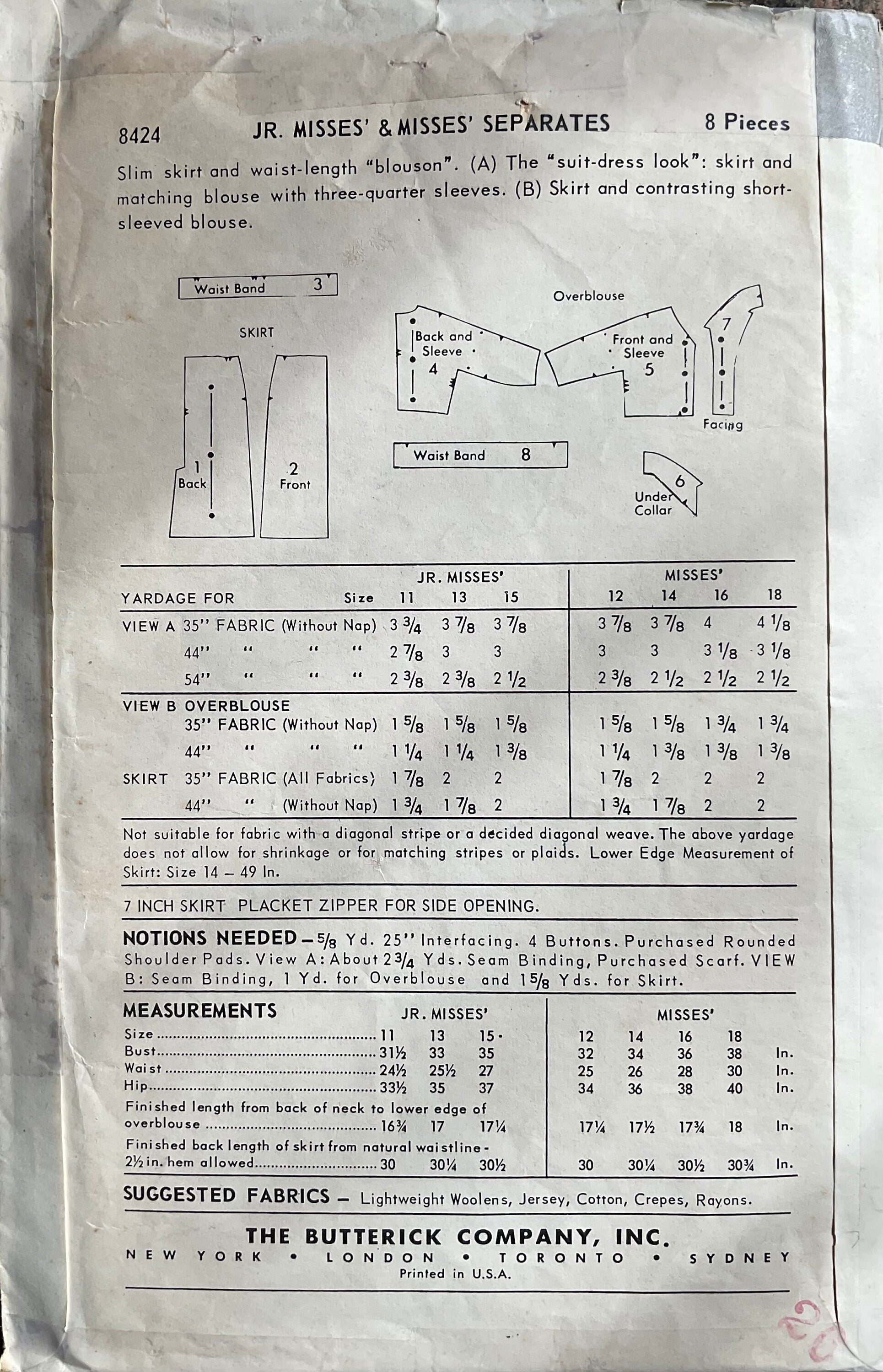 Butterick 8424 Sewing Pattern (Vintage) CUT