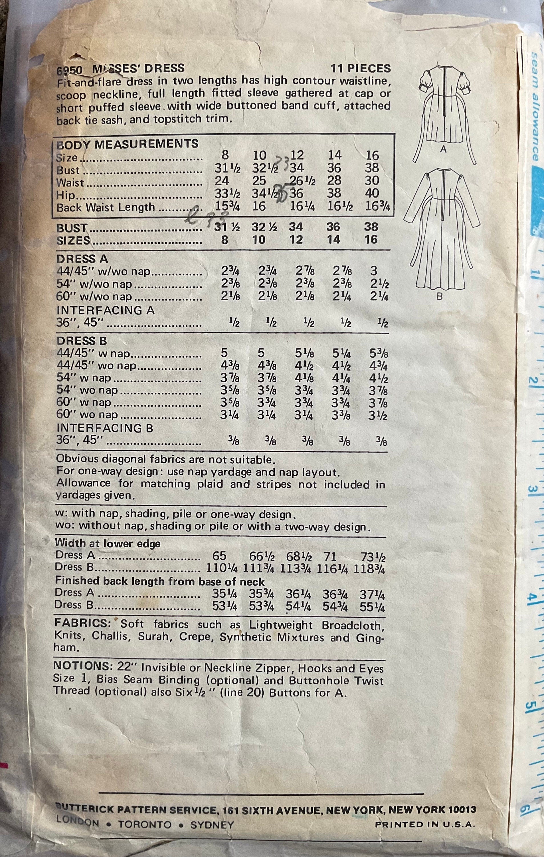 Butterick 6950 Sewing Pattern (Vintage) CUT