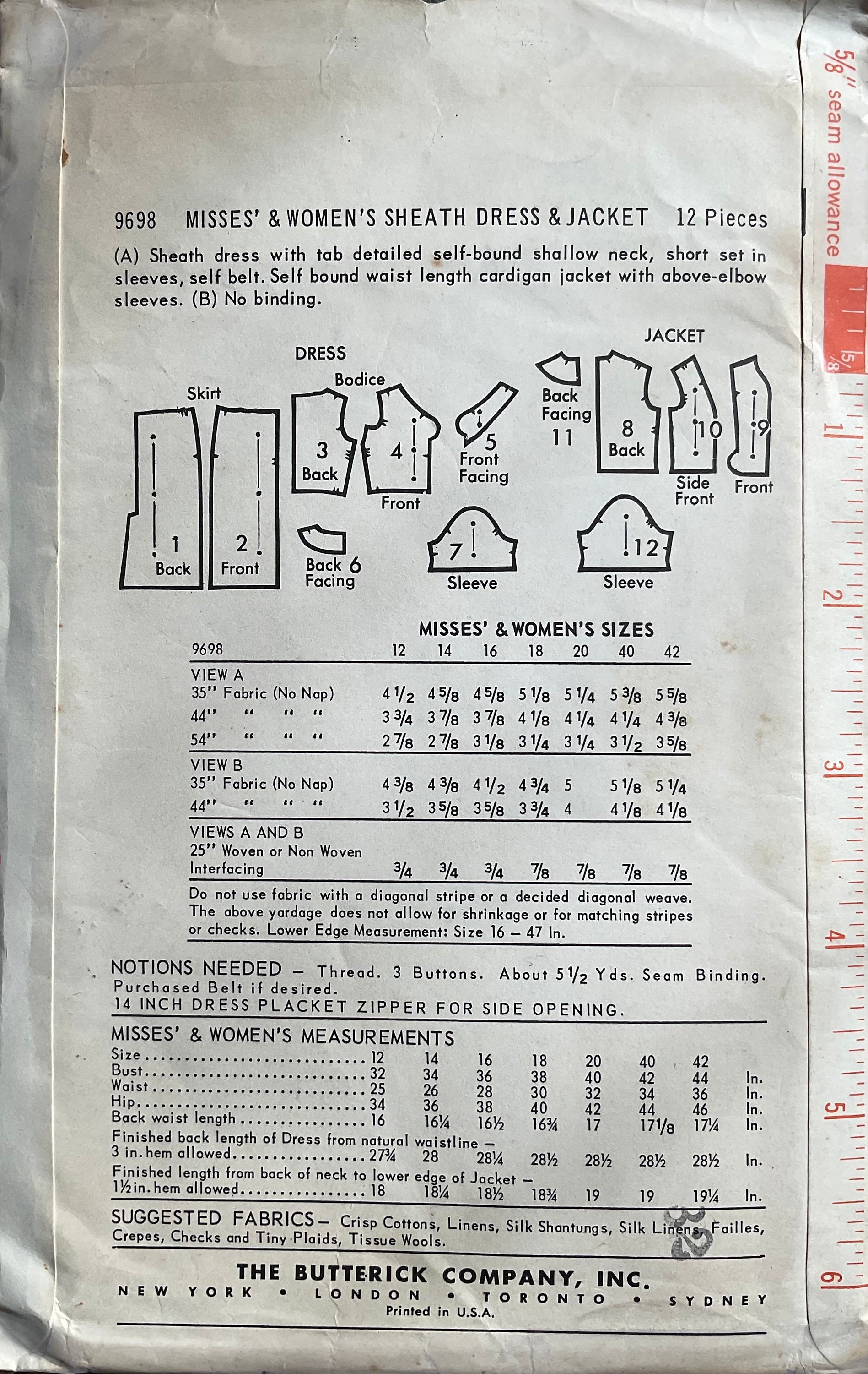 Butterick 9698 Sewing Pattern (Vintage) UNCUT