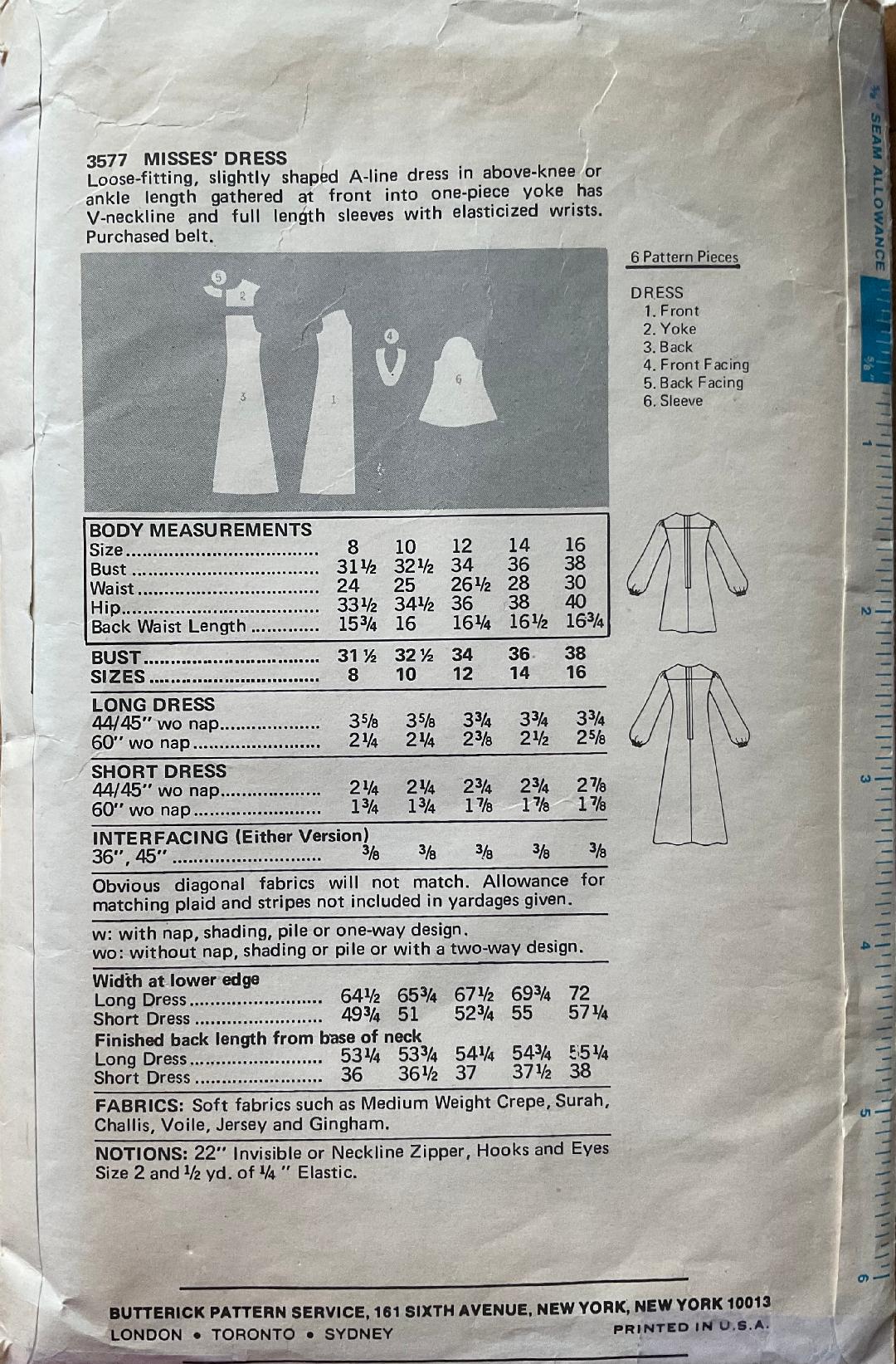 Butterick 3577 Sewing Pattern (Vintage) UNCUT